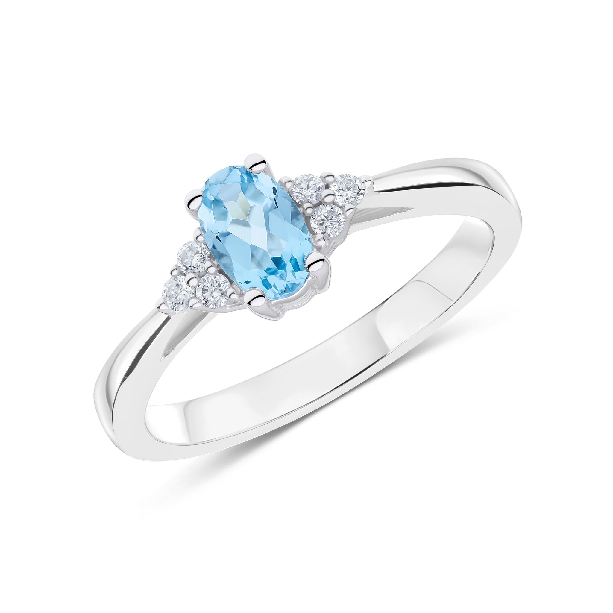 9CT WG 6X4 OVAL SWISS BLUE TOPAZ AND ROUND DIAMOND TREFOIL SHOULDERS RING