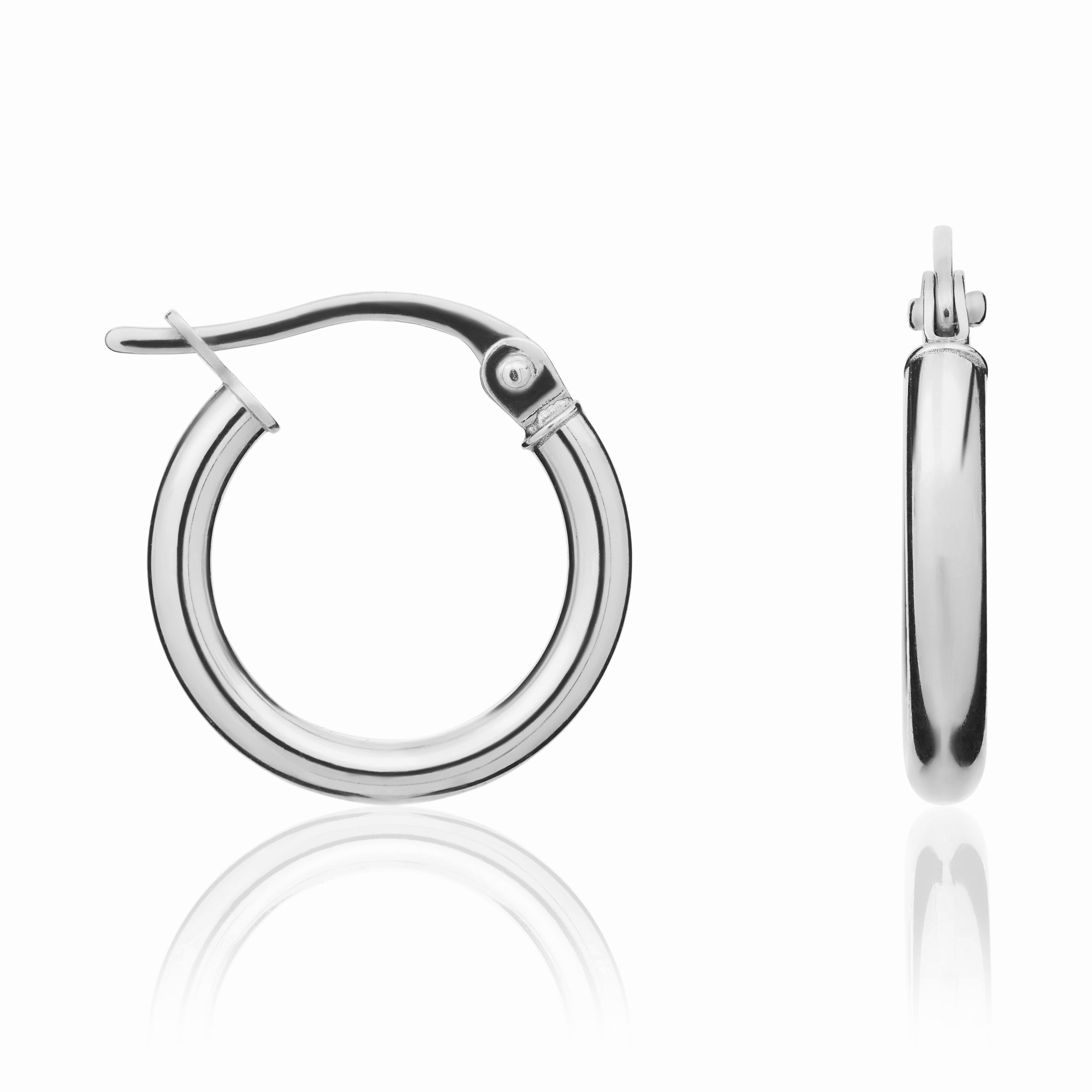 9CT WG 2MM POLISHED TUBE HOOP EARRINGS. 14MM OUTER DIAMETER