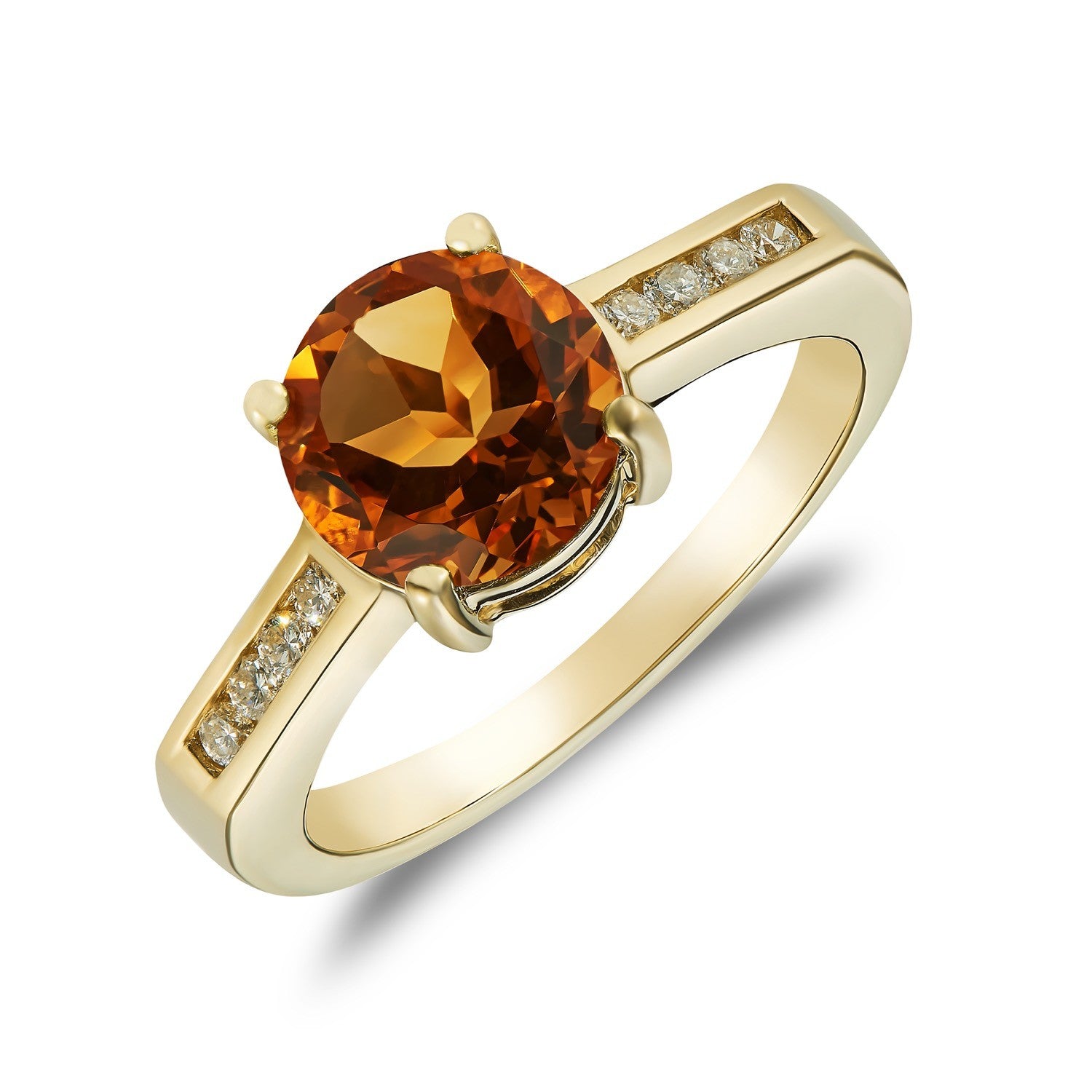9CT YG CLAW SET 8MM ROUND CITRINE SINGLE STONE RING WITH CHANNEL SET DIAMOND SHOULDERS