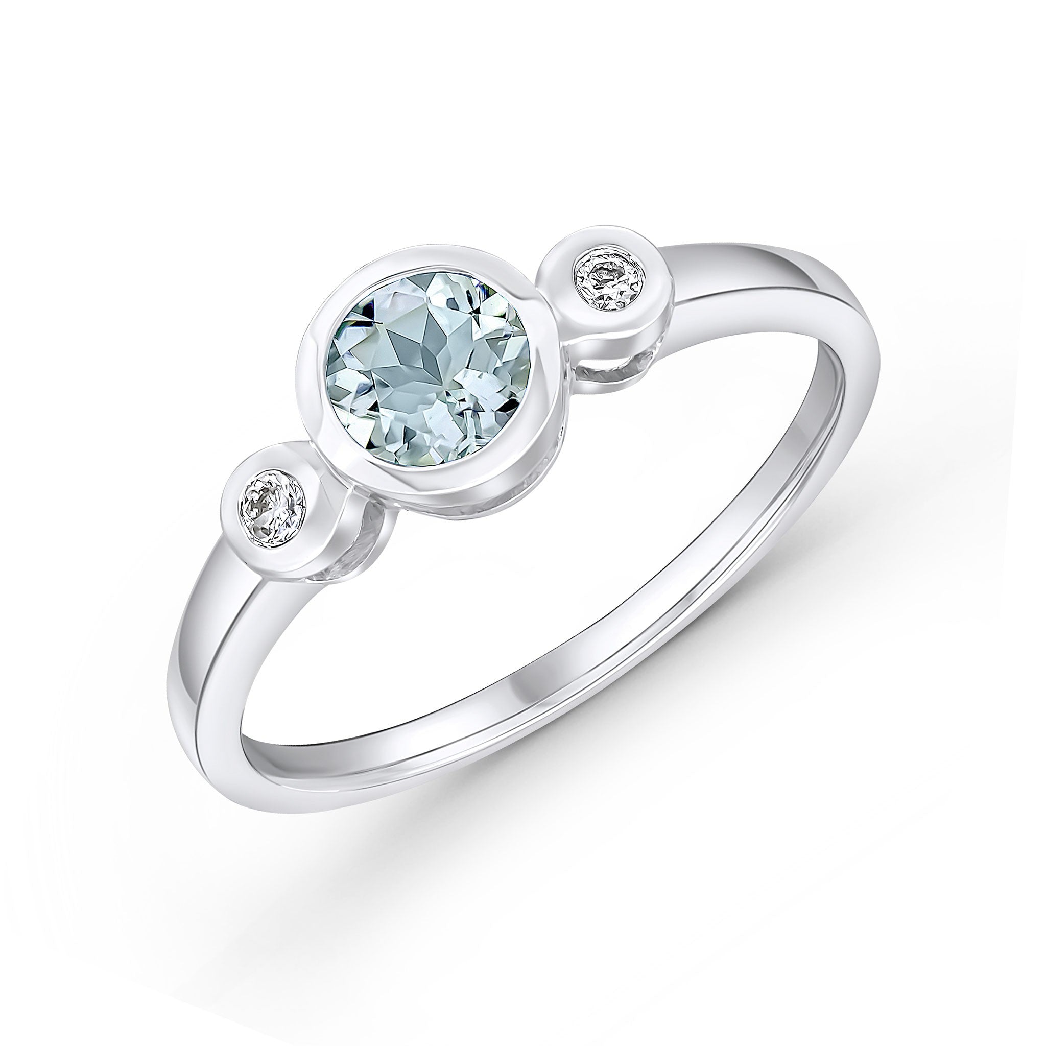 9CT WG 5MM ROUND AQUA AND ROUND DIAMOND 3ST RUBOVER RING