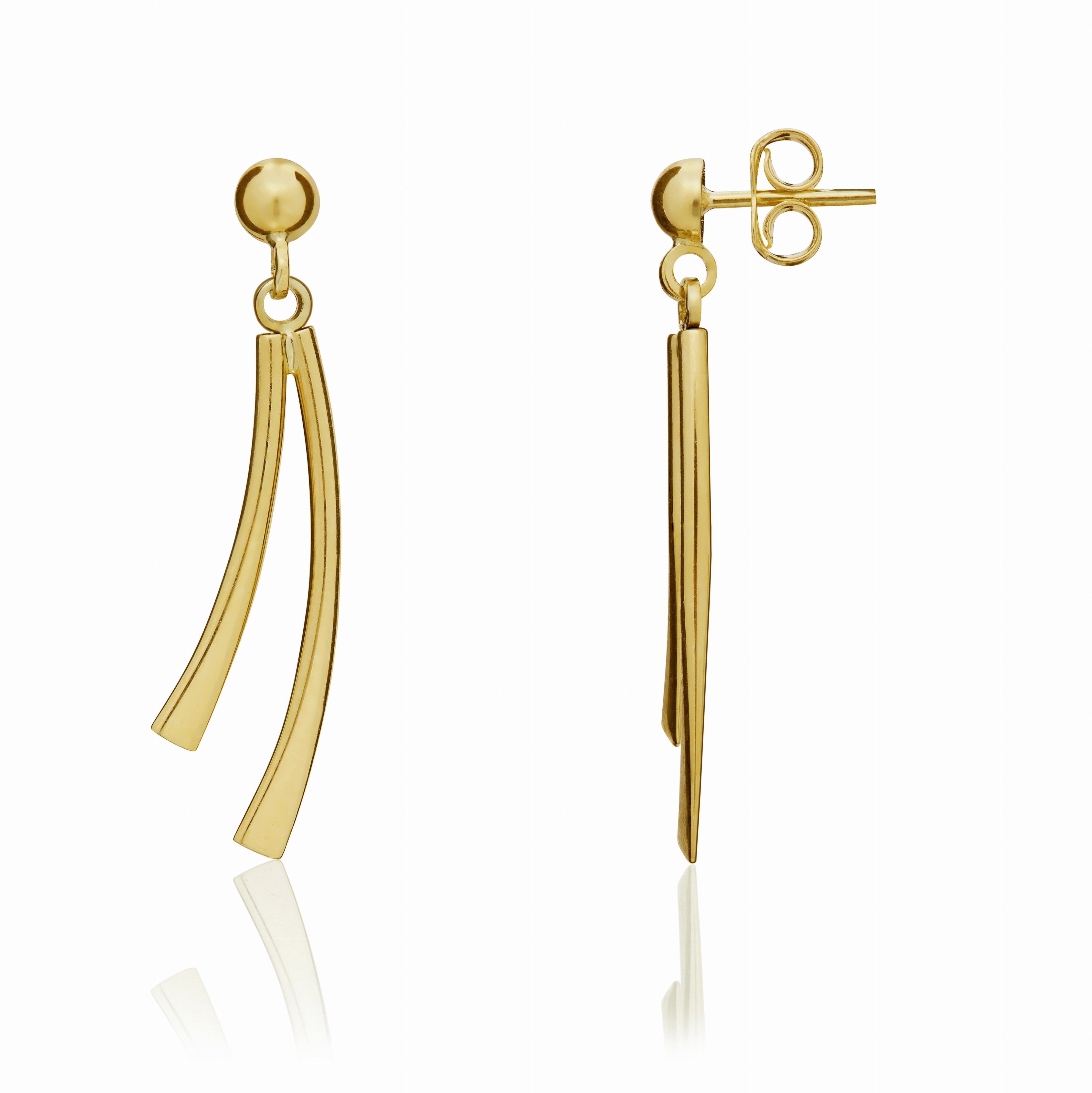9CT YG POLISHED 2 ROW CURVE DROP EARRINGS WITH HALF BEAD TOP