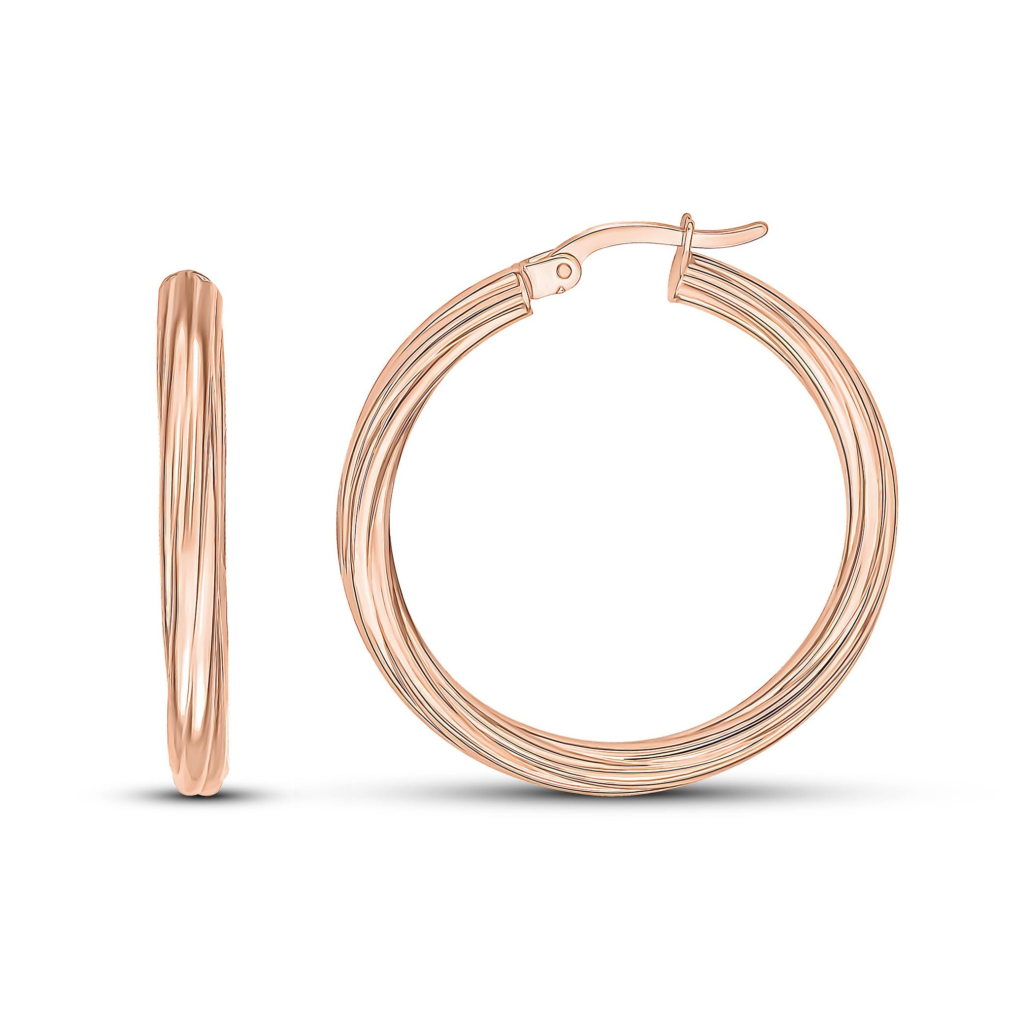 9CT ROSE GOLD 3MM TWIST HOOP EARRINGS. 31MM OUTER DIAMETER
