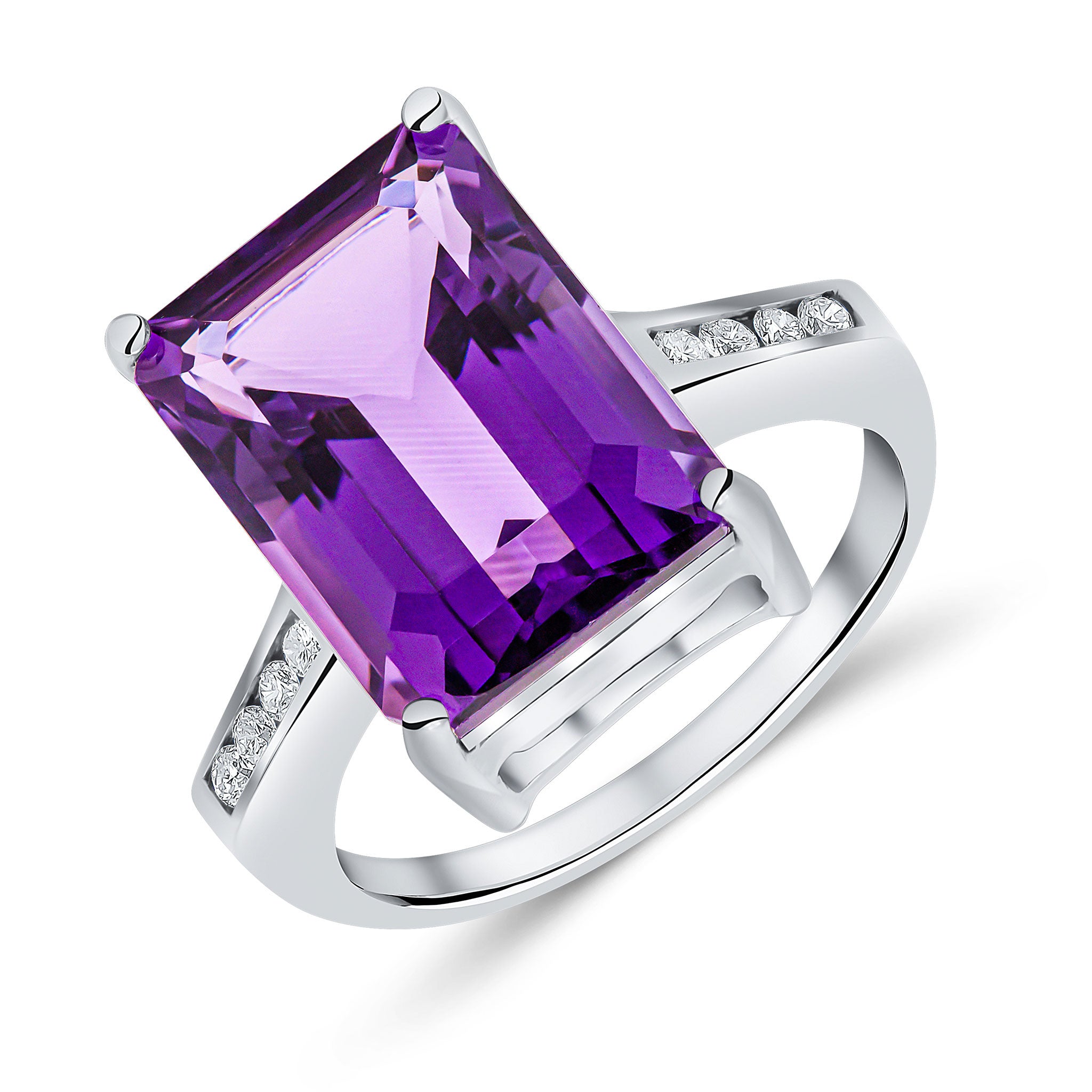 9CT WG GOLD CLAW SET 14X10 OCTAGON AMETHYST SINGLE STONE RING WITH DIAMOND CHANNEL SET SHOULDERS