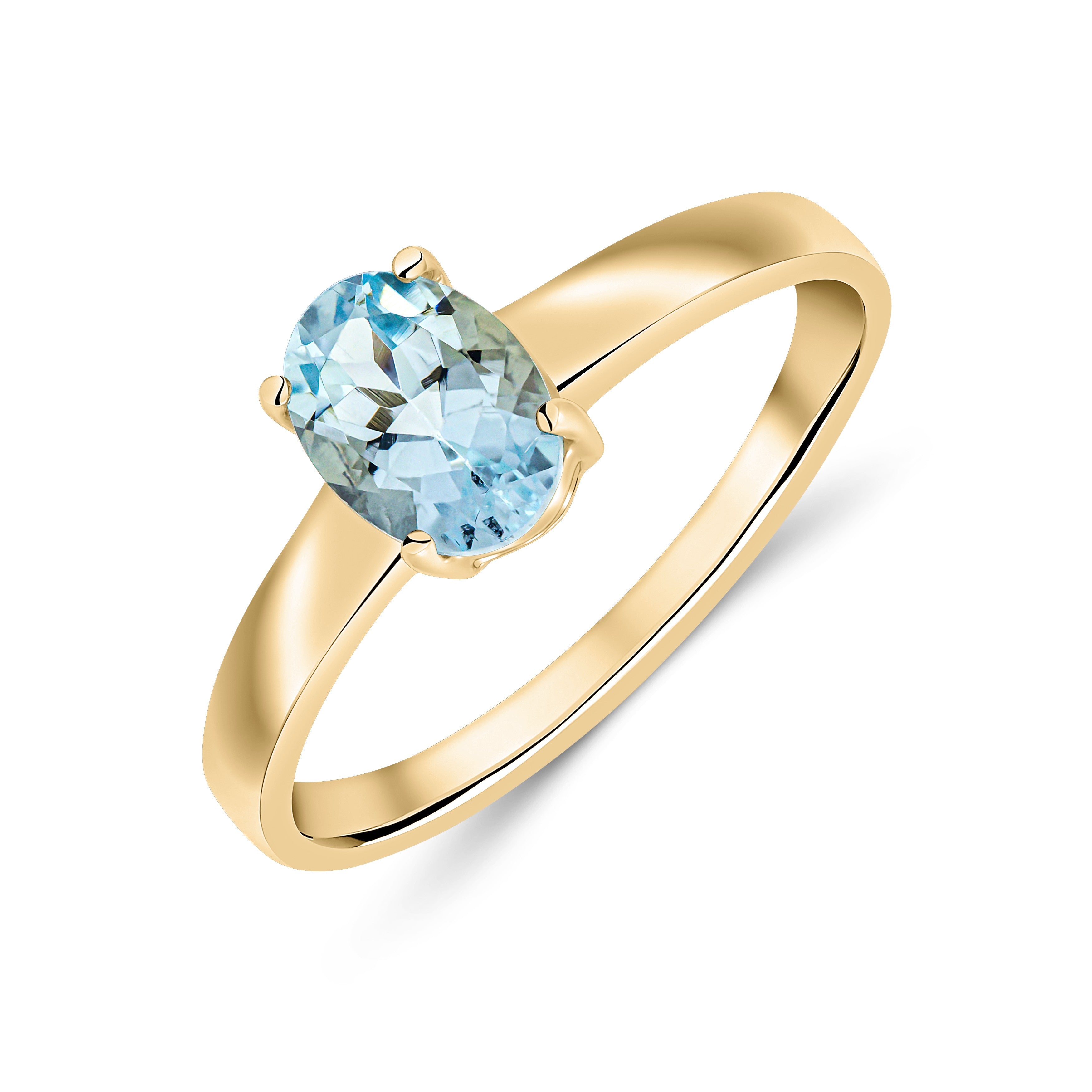 9CT YG 7X5MM OVAL AQUA 4 CLAW SINGLE STONE RING