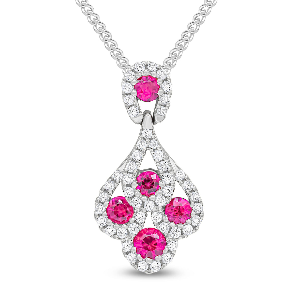 18CT WG ROUND RUBY AND DIAMOND 'PEACOCK' PENDANT