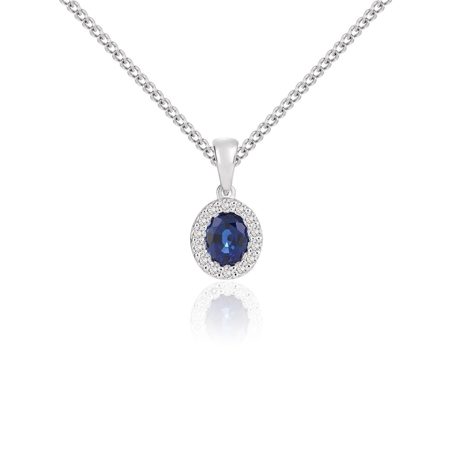 18CT WG 5X4 OVAL SAPPHIRE & DIAMOND MICROSET CLUSTER PENDANT