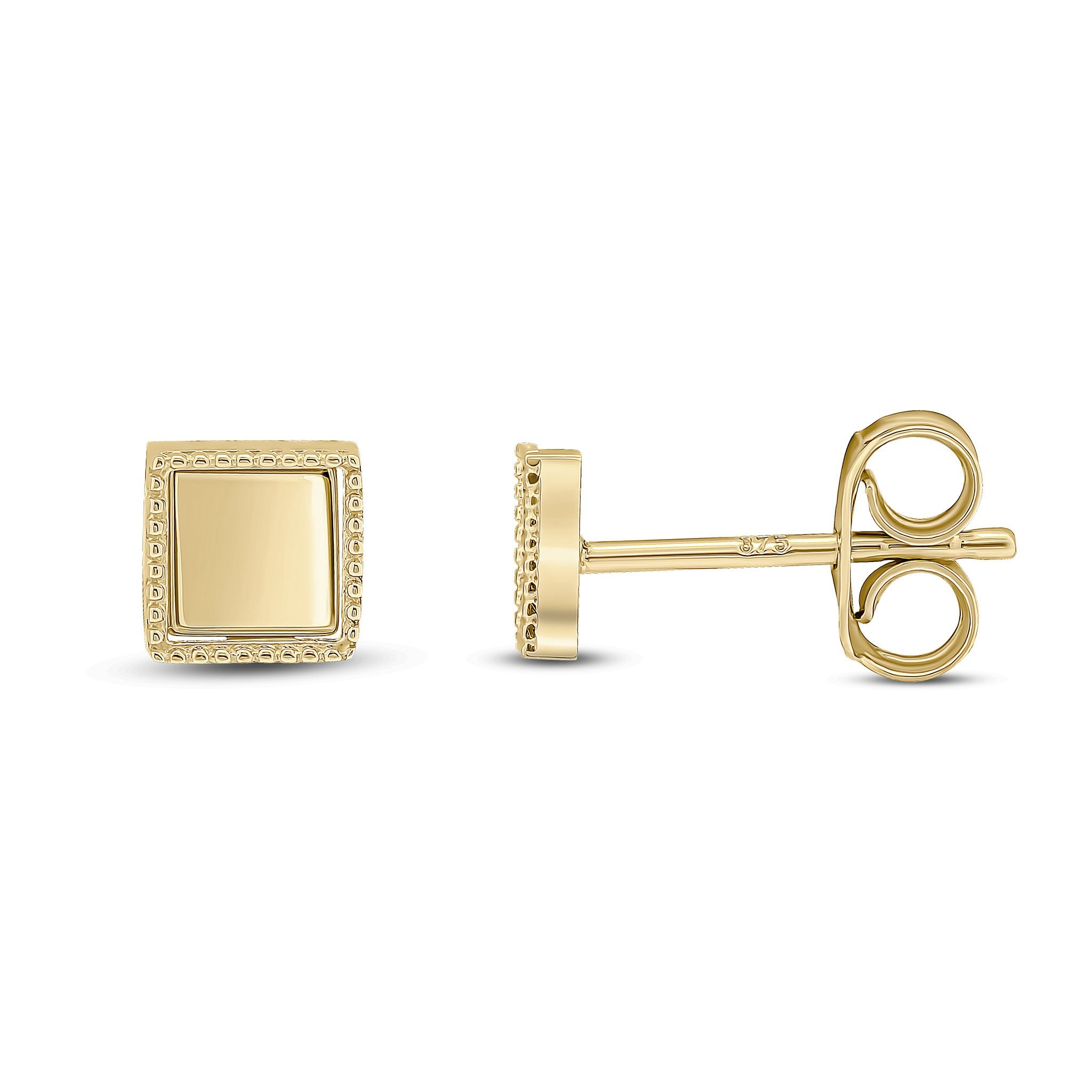 9CT YELLOW GOLD PLAIN SQUARE STUD EARRINGS WITH BEADED EDGE. SMALL