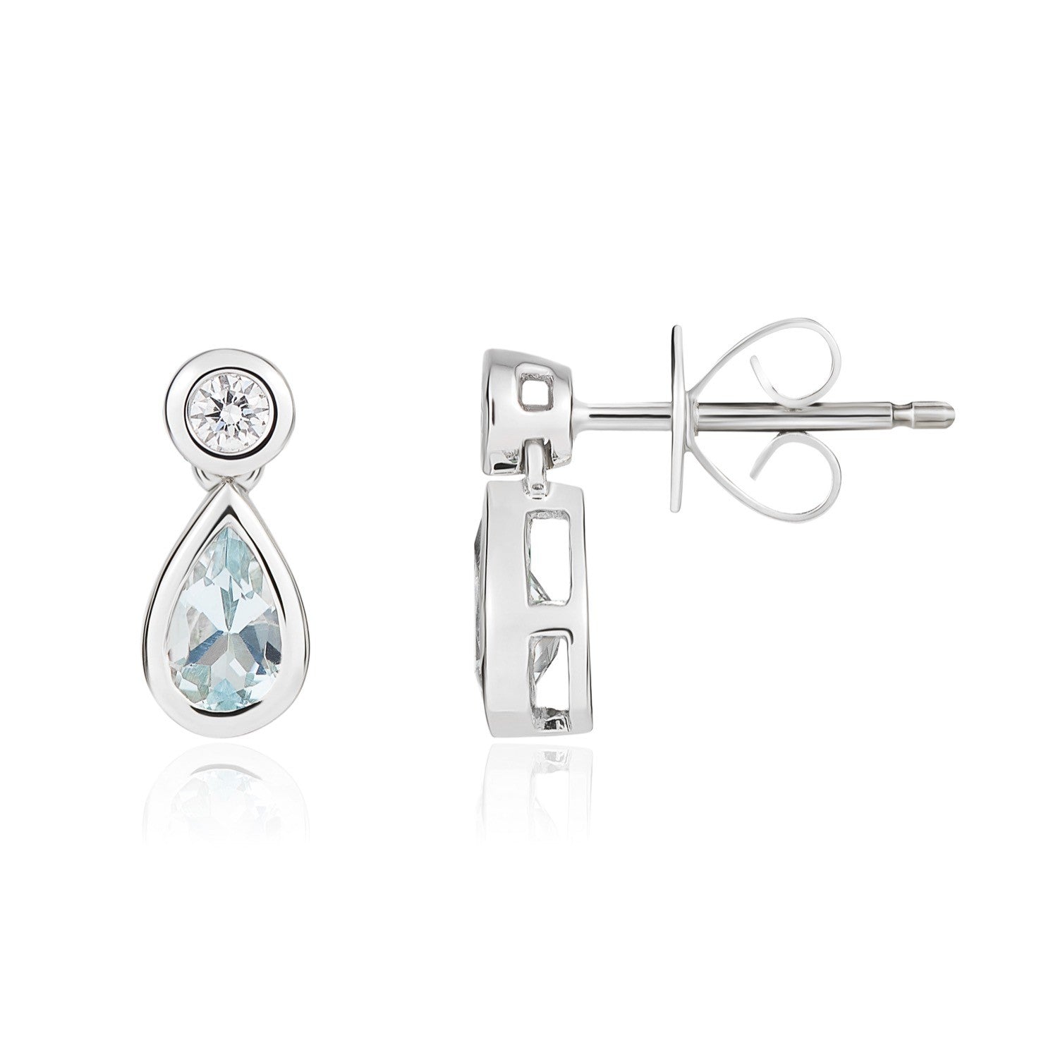 18CT WG PEARSHAPE AQUA AND ROUND DIAMOND RUBOVER 2ST DROP EARRINGS
