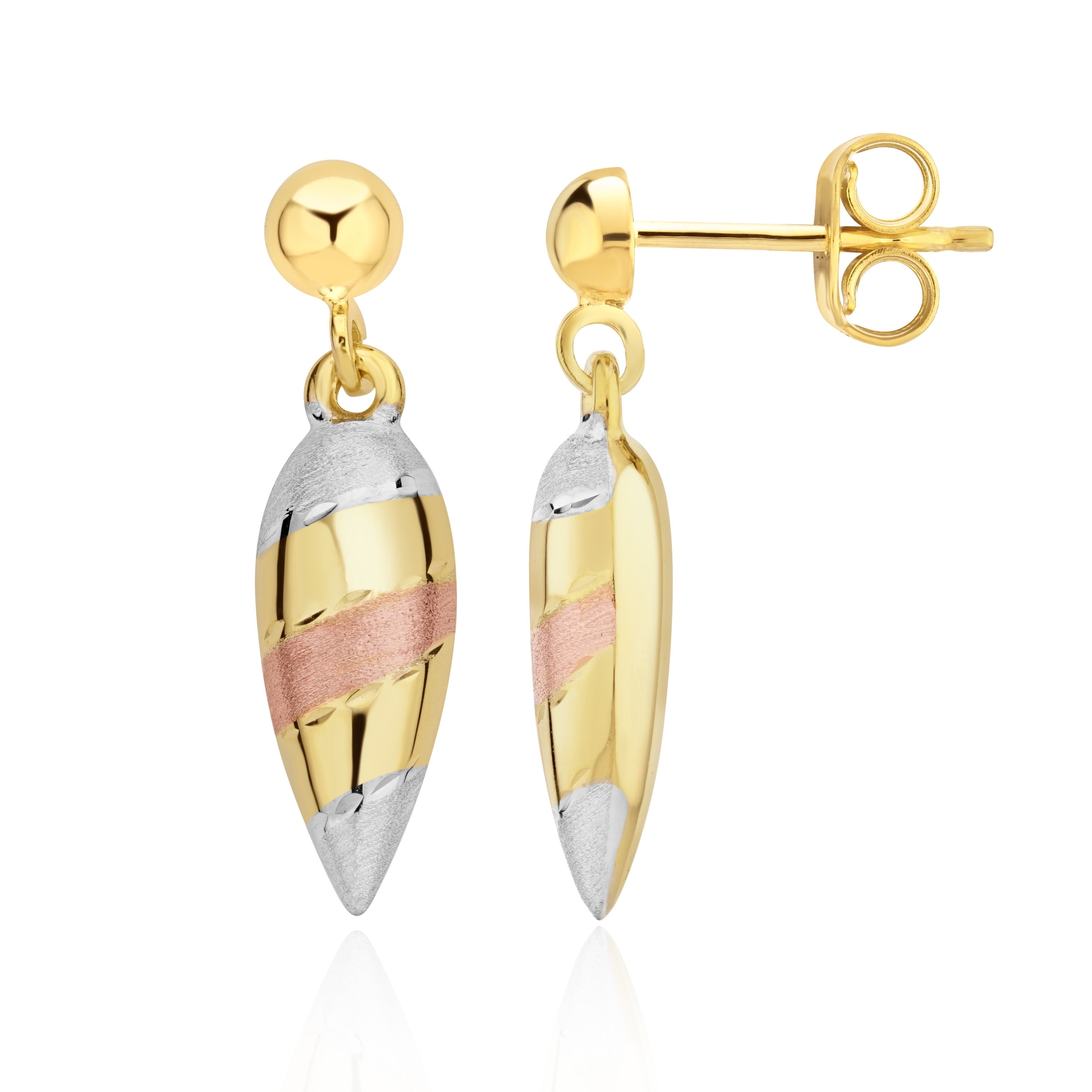9CT YELLOW, WHITE AND ROSE GOLD POLISHED AND SATIN STRIPED POINTED DROP EARRINGS