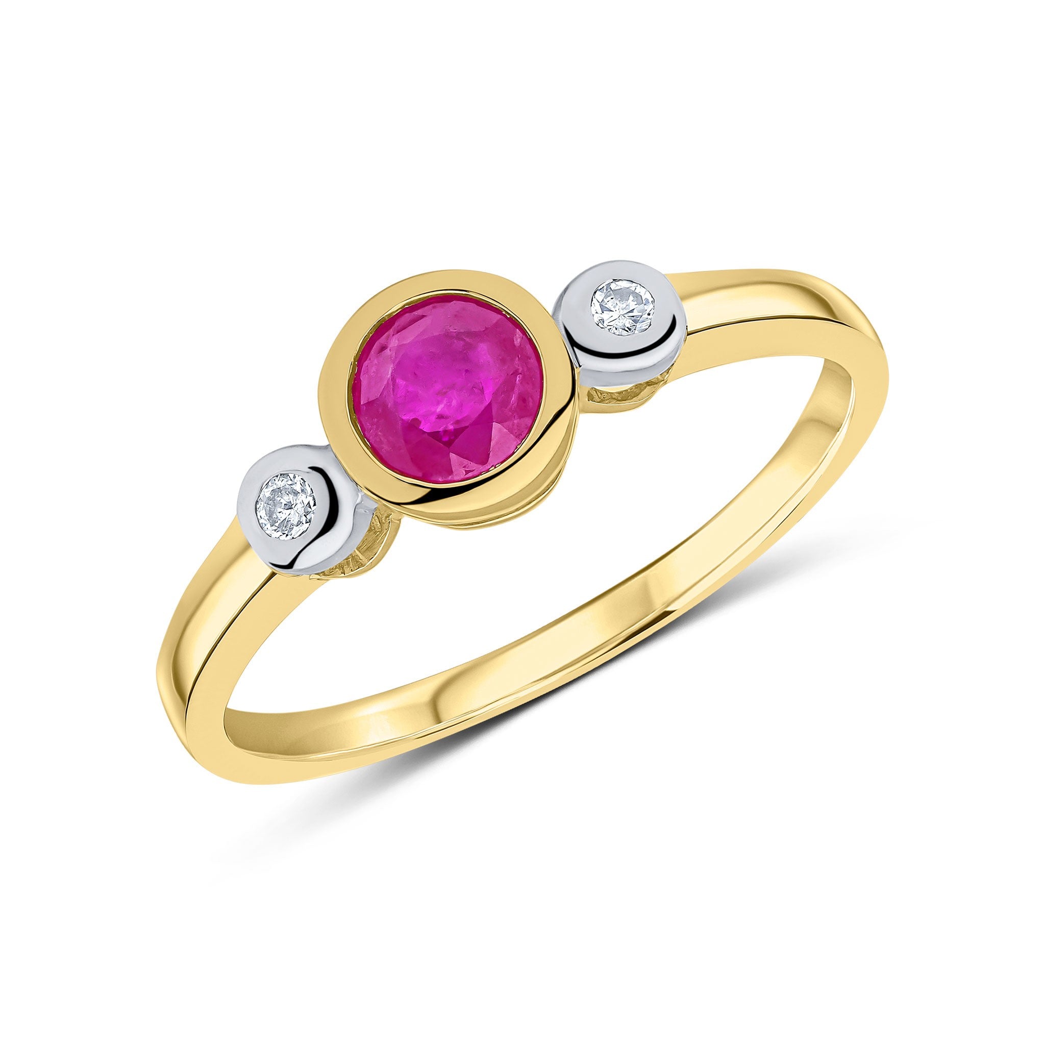 9CT YG 5MM ROUND RUBY AND DIAMOND RUBOVER 3ST RING. RHODIUM TO DIAMONDS