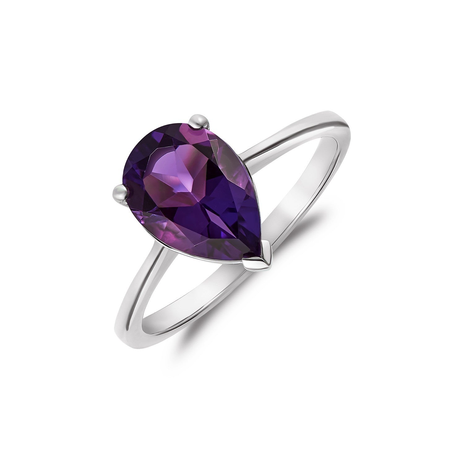 9CT WG 10X7MM PEARSHAPE AMETHYST CLAW SINGLE STONE RING