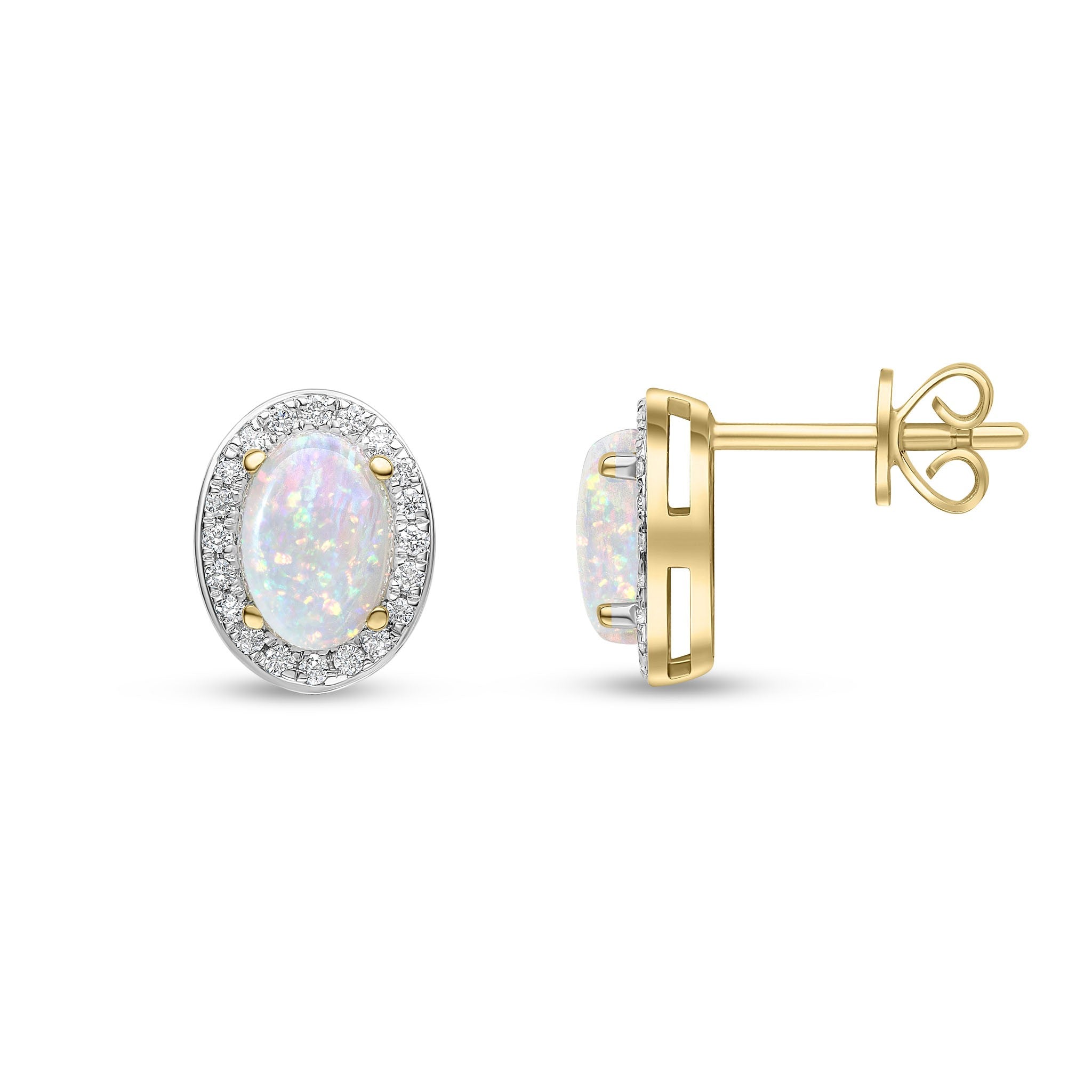 18CT YG CLAW SET 7X5 OVAL OPAL & GRAIN SET ROUND DIAMOND CLUSTER EARRINGS. RHODIUM TO DIAMONDS