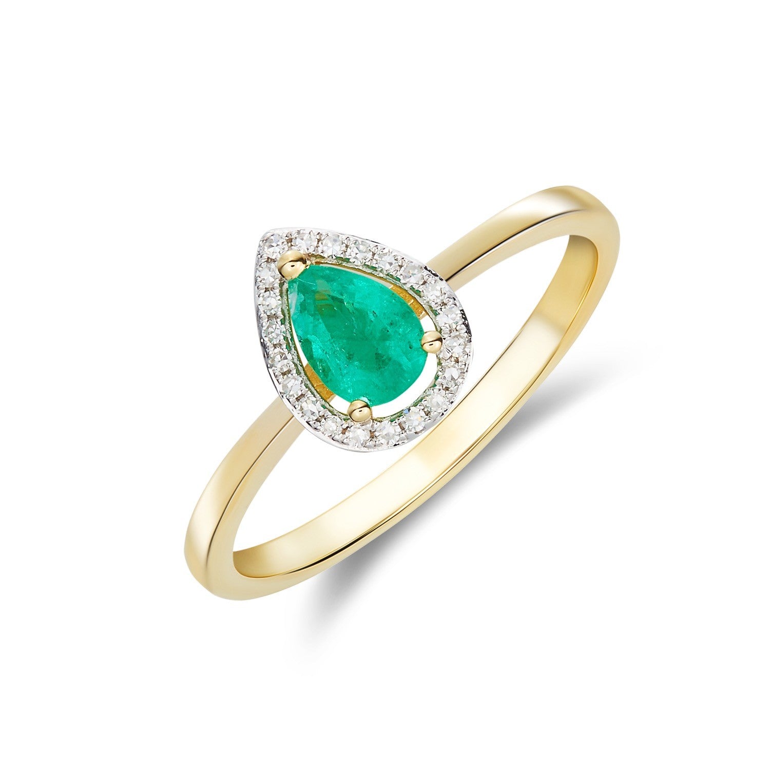 9CT YG 6X4 PEARSHAPE EMERALD & DIAMOND HALO CLAW CLUSTER RING. RHDOIUM TO DIAMONDS