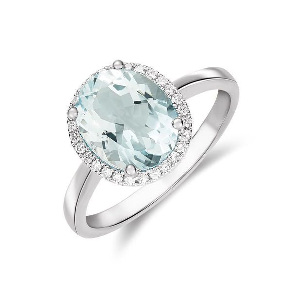 9CT WG 10X8 OVAL AQUA AND DIAMOND CLAW SET CLUSTER RING