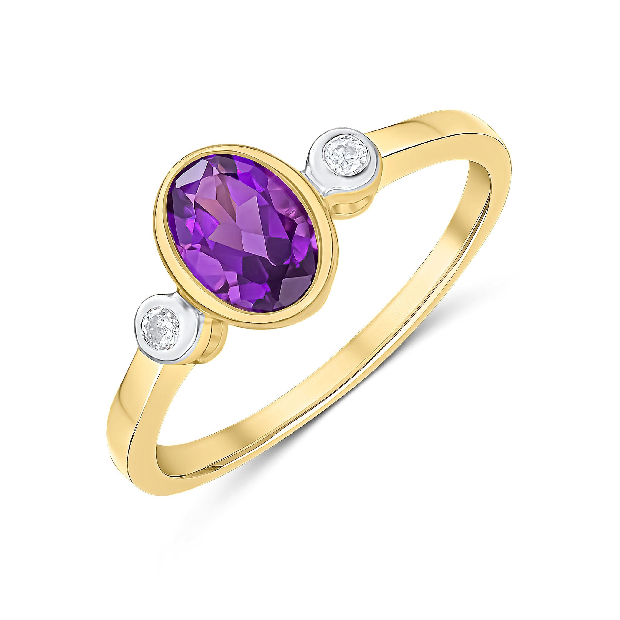9CT YG 7X5 OVAL AMETHYST AND ROUND DIAMOND 3ST RUBOVER RING. RHODIUM TO DIAMONDS
