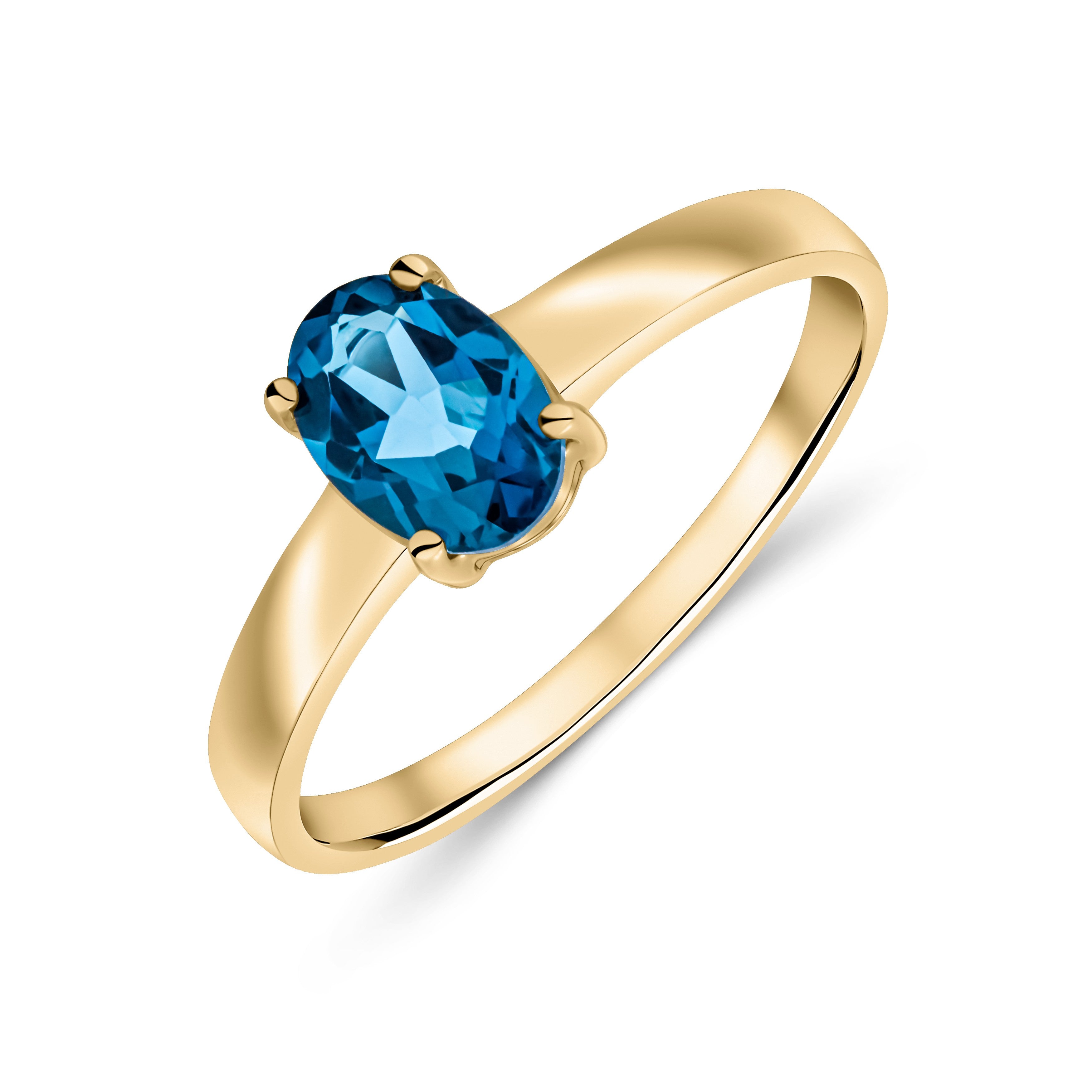 9CT YG 7X5 OVAL LONDON BLUE TOPAZ 4 CLAW SINGLE STONE RING