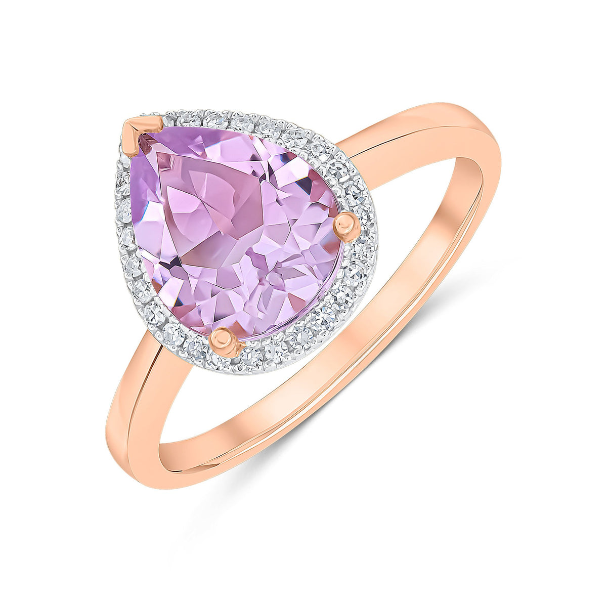 9CT RG 10X8 PEARSHAPE PINK AMETHYST & DIAMOND CLAW SET CLUSTER RING. RHODIUM TO DIAMONDS
