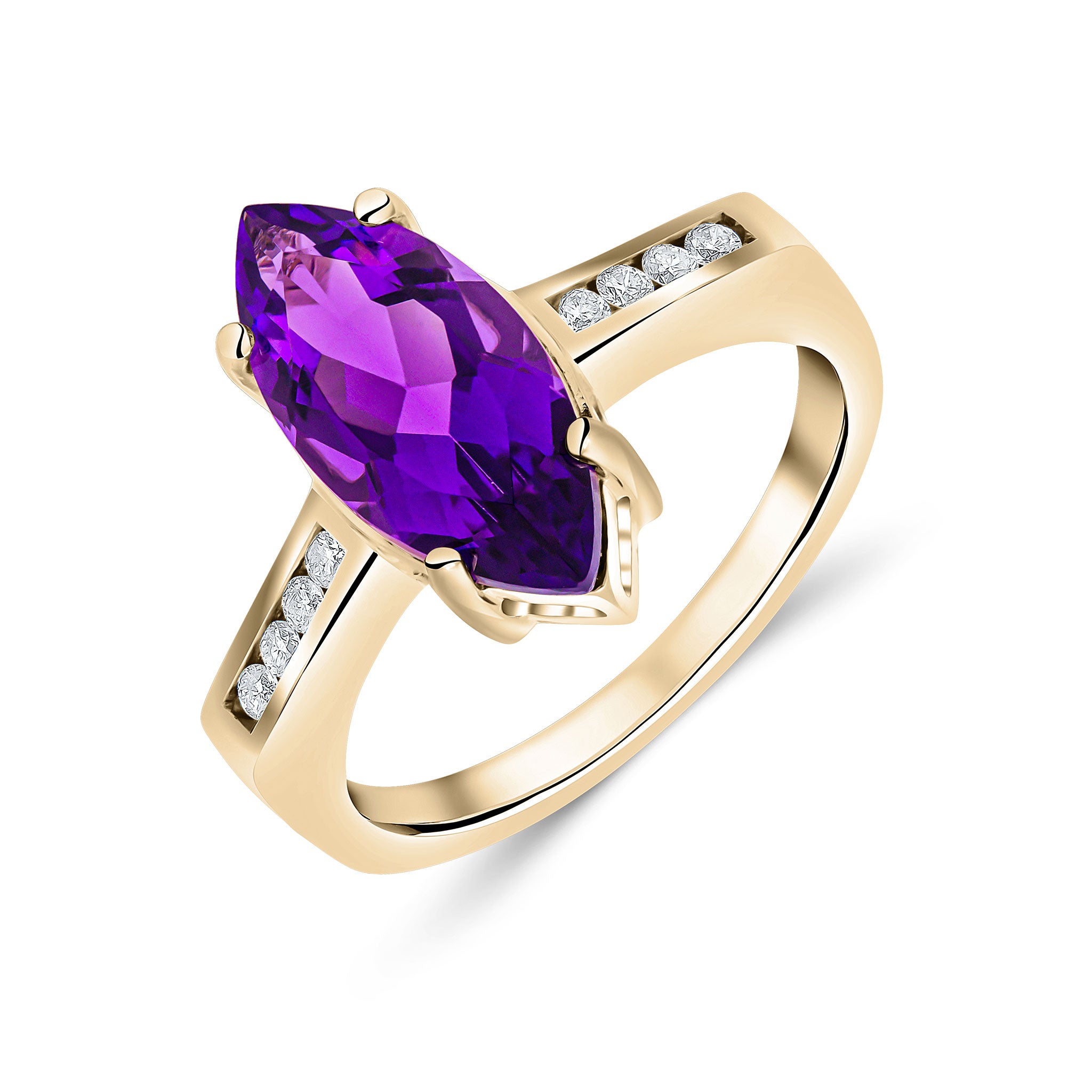 9CT YG 15X7 MARQUISE AMETHYST SINGLE STONE RING WITH CHANNEL SET DIAMOND SHOULDERS