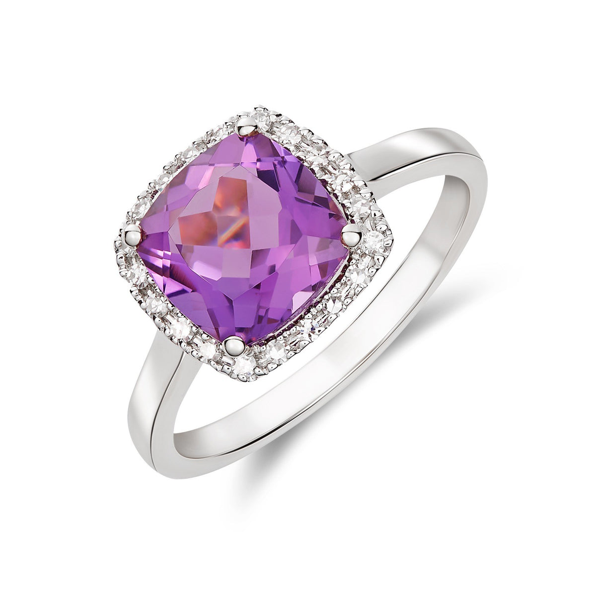 9CT WG 8MM CUSHION AMETHYST AND ROUND DIAMOND CLAW SET CLUSTER RING