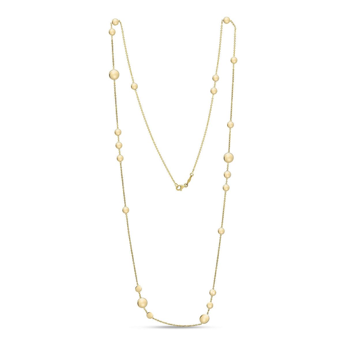 9CT YG CHAIN NECKLACE WITH POLISHED FLAT DISCS. 32 INCH