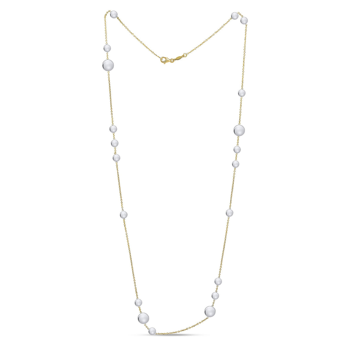9CT YG CHAIN NECKLACE WITH WHITE GOLD POLISHED FLAT DISCS. 24 INCHES