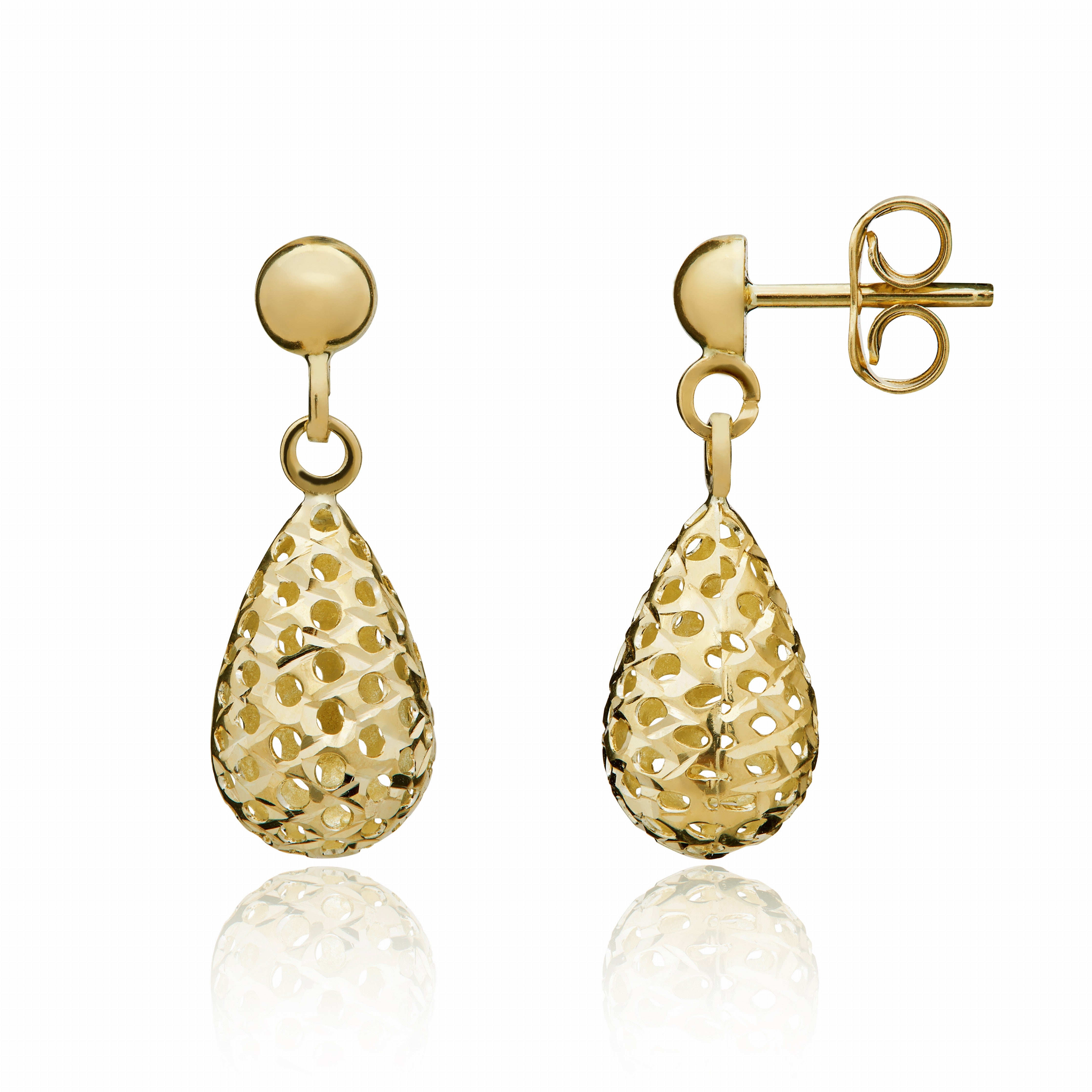 9CT YELLOW GOLD PIERCED OUT BOMBE DROP EARRINGS WITH POLISHED HALF BEAD TOP