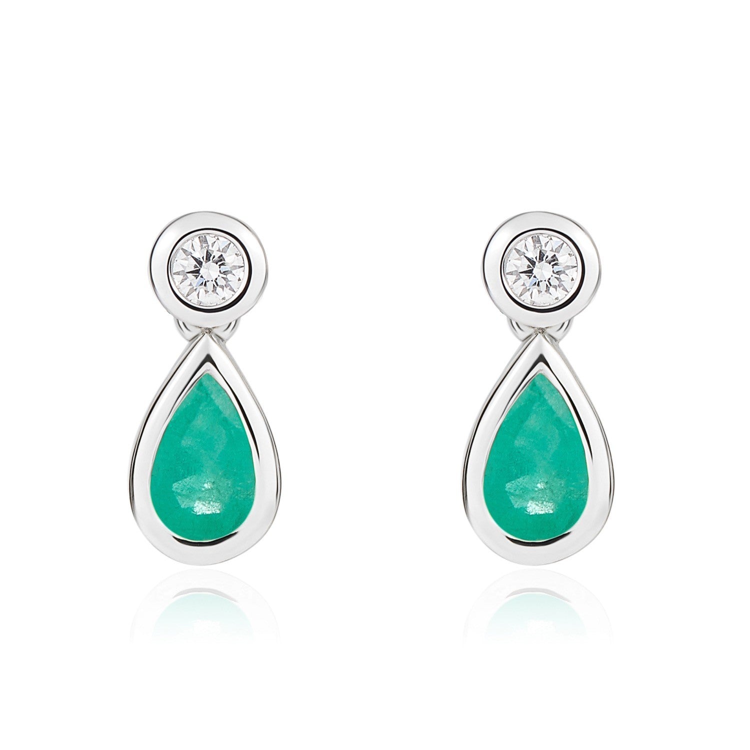 18CT WG PEARSHAPE EMERALD AND ROUND DIAMOND RUBOVER 2ST DROP EARRINGS