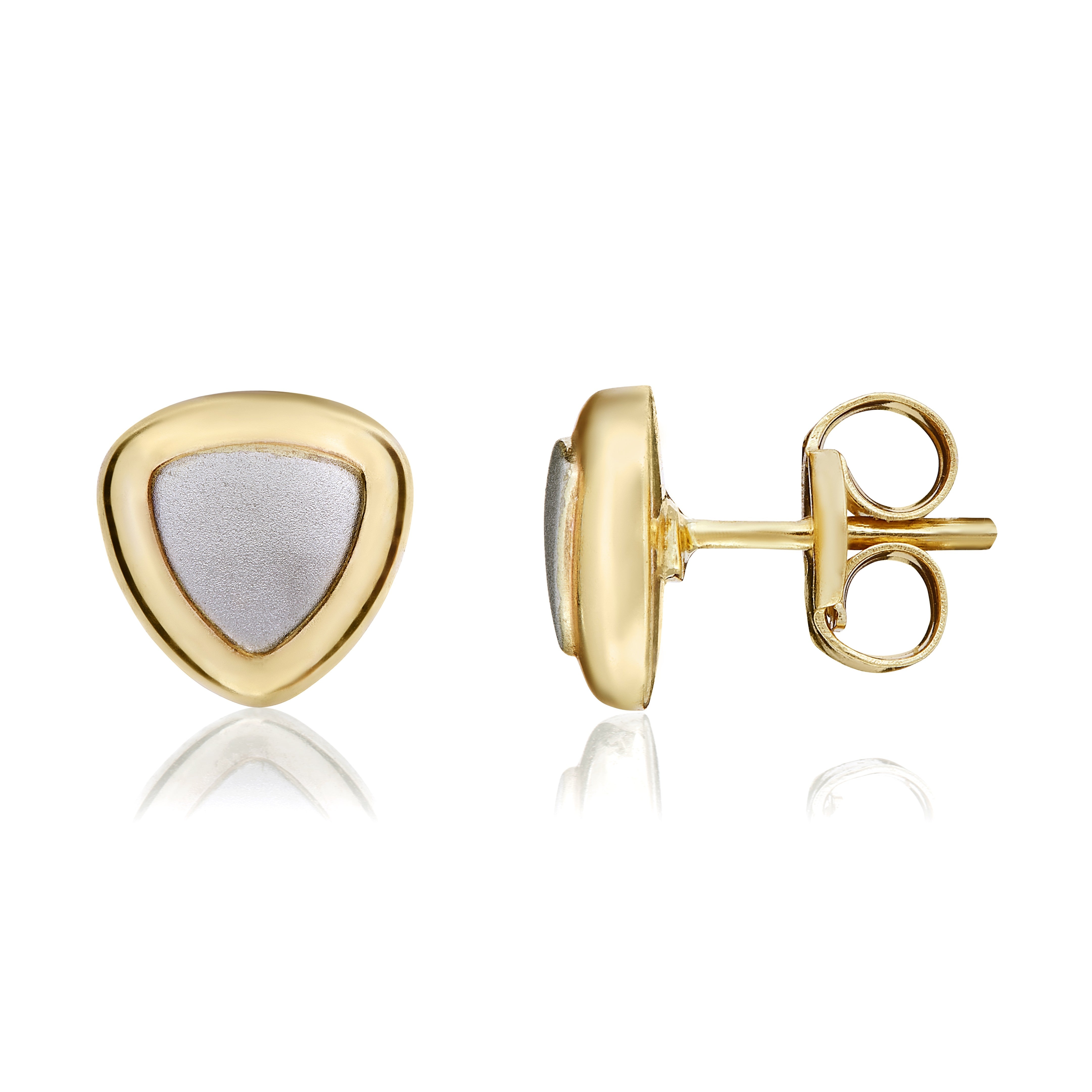 9CT YELLOW GOLD TRIANGULAR STUD EARRINGS WITH WHITE SATIN CENTRE