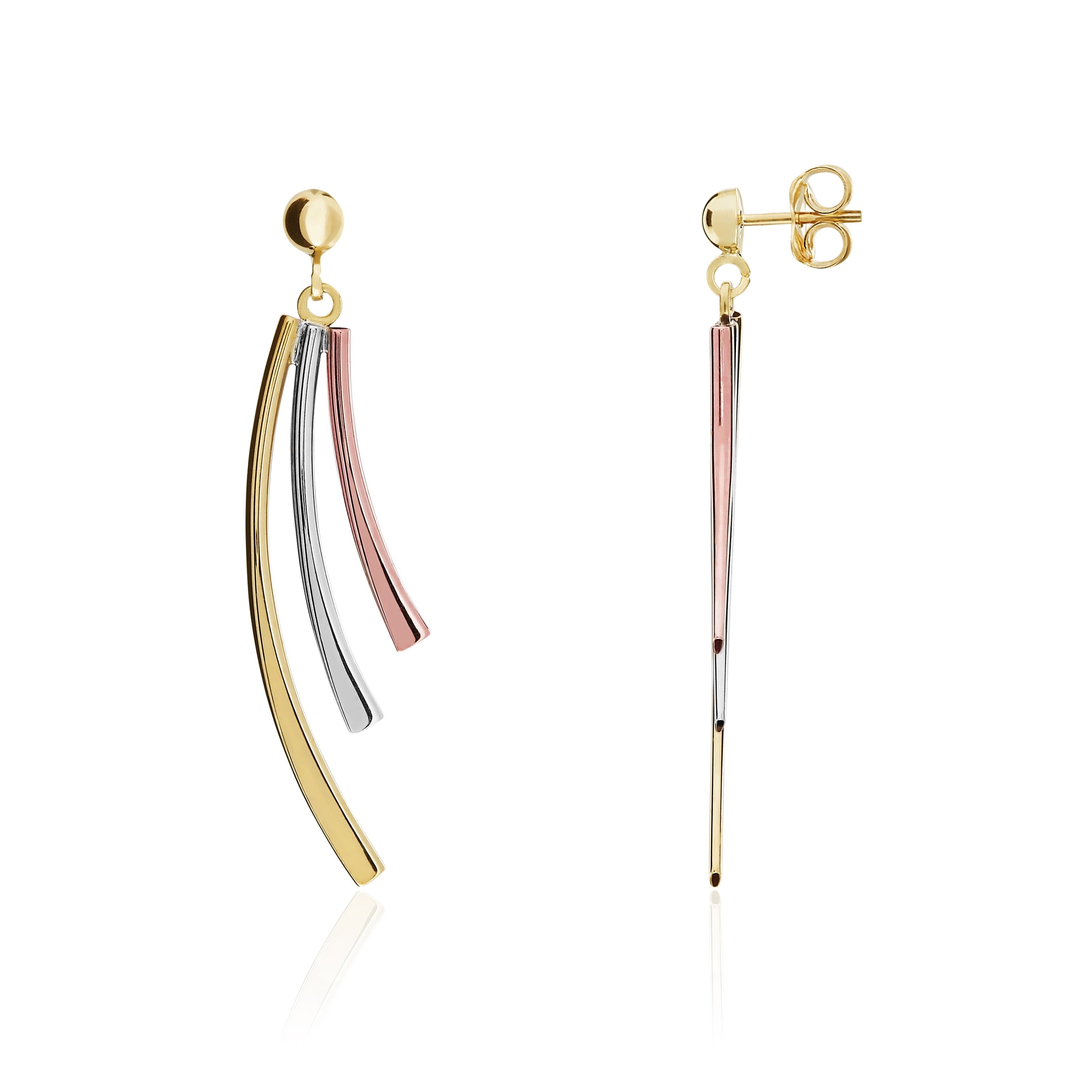 9CT 3 COLOUR GOLD POLISHED 3 CURVE BAR DROP EARRINGS