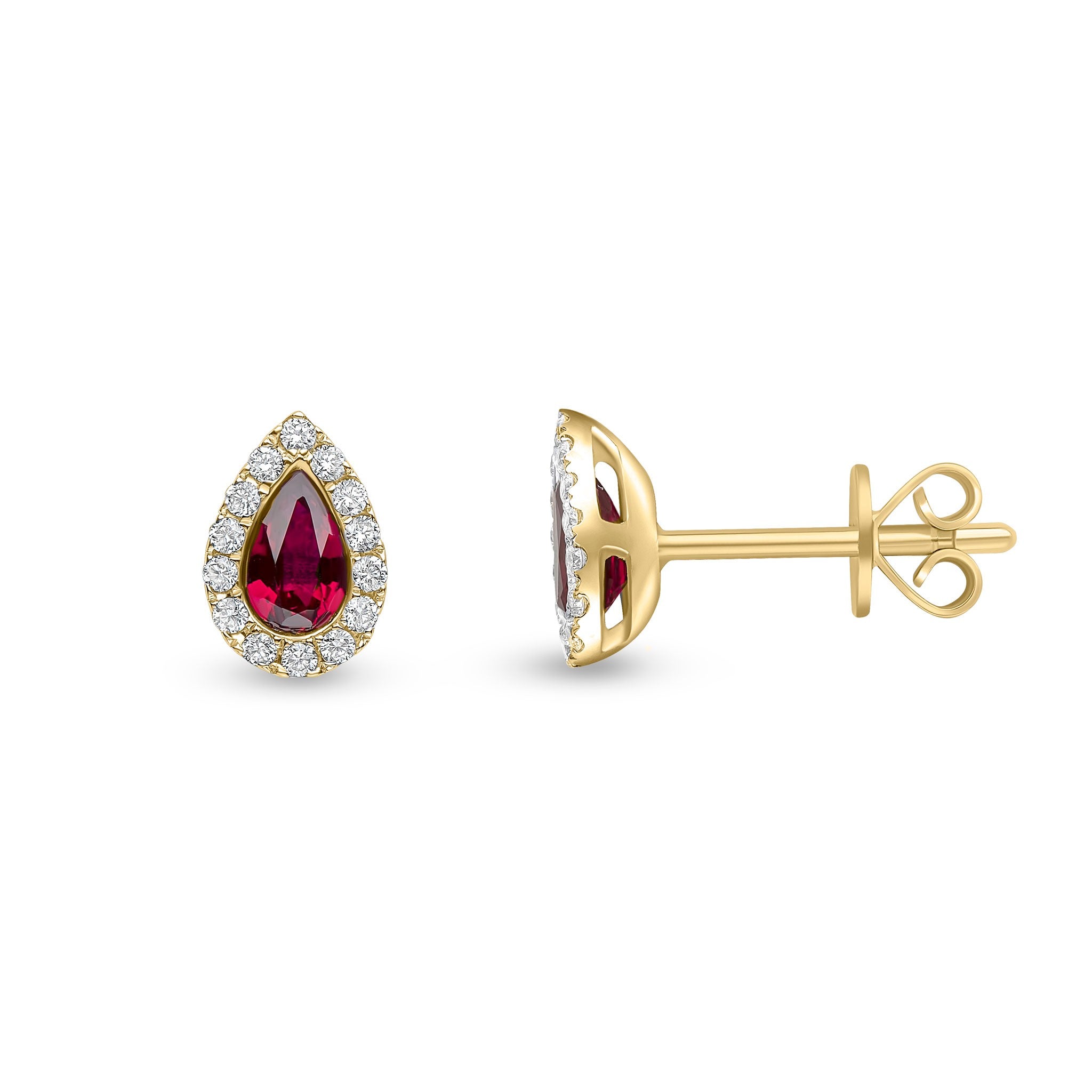18CT YG 5X3 PEARSHAPE RUBY & DIAMOND MICROSET CLUSTER EARRINGS