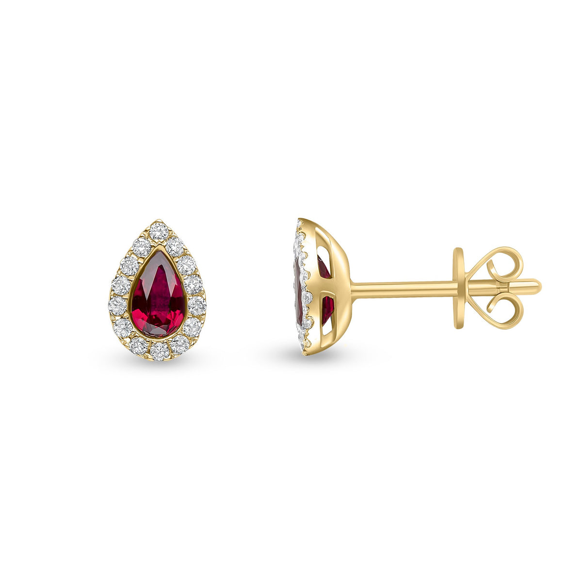 18CT YG 5X3 PEARSHAPE RUBY & DIAMOND MICROSET CLUSTER EARRINGS