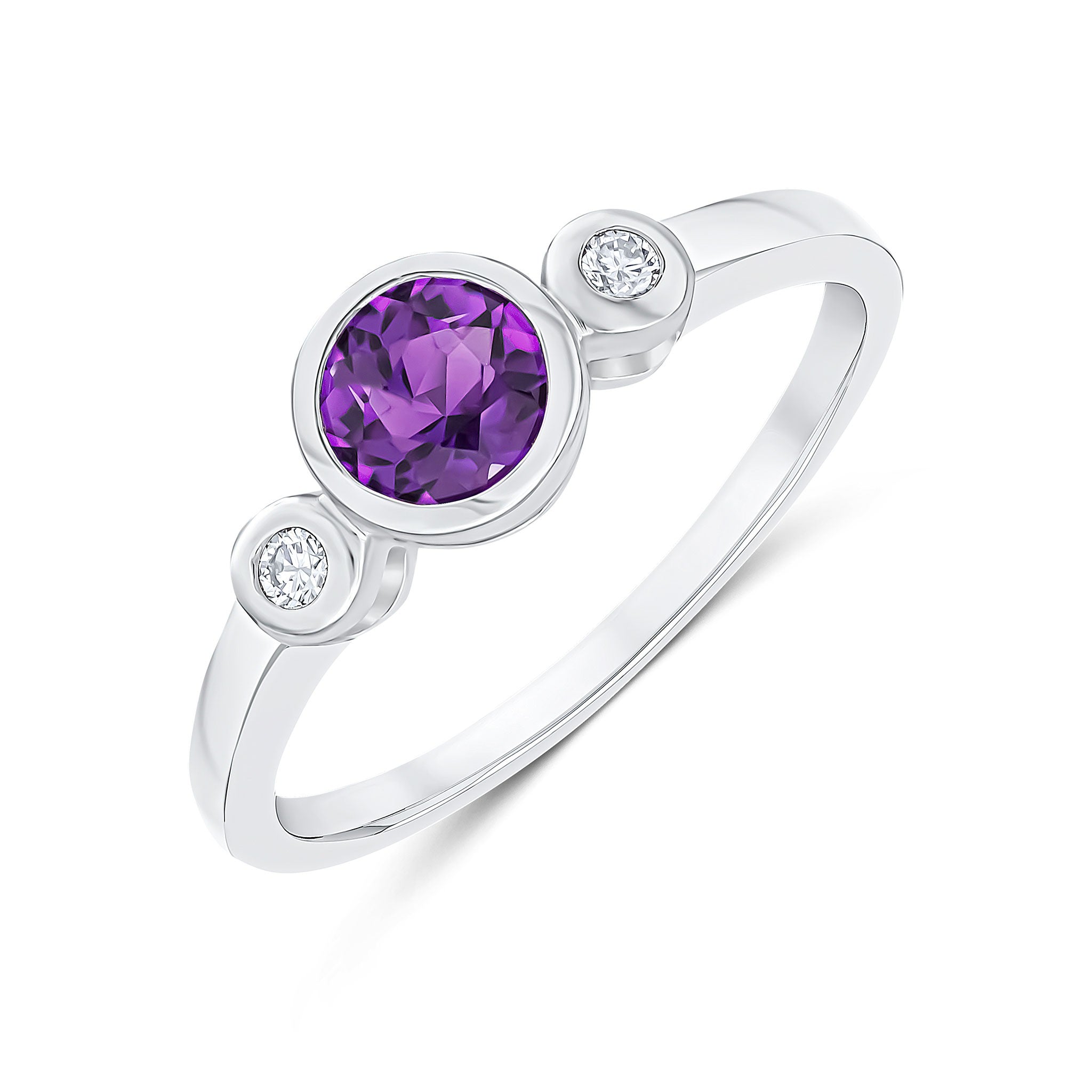 9CT WG 5MM ROUND AMETHYST AND DIAMOND RUBOVER 3ST RING