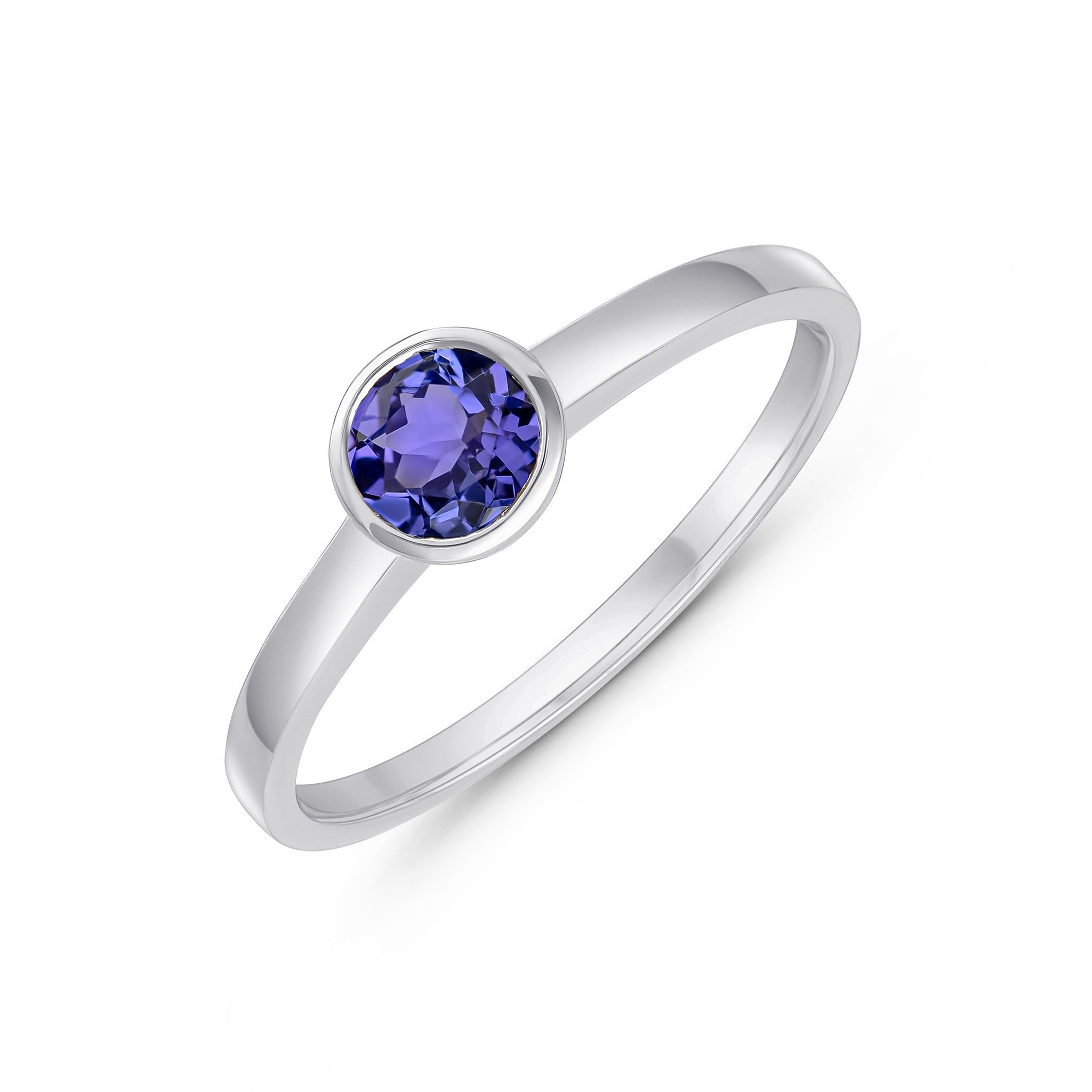 9CT WG 5MM ROUND TANZANITE RUBOVER SINGLE STONE RING