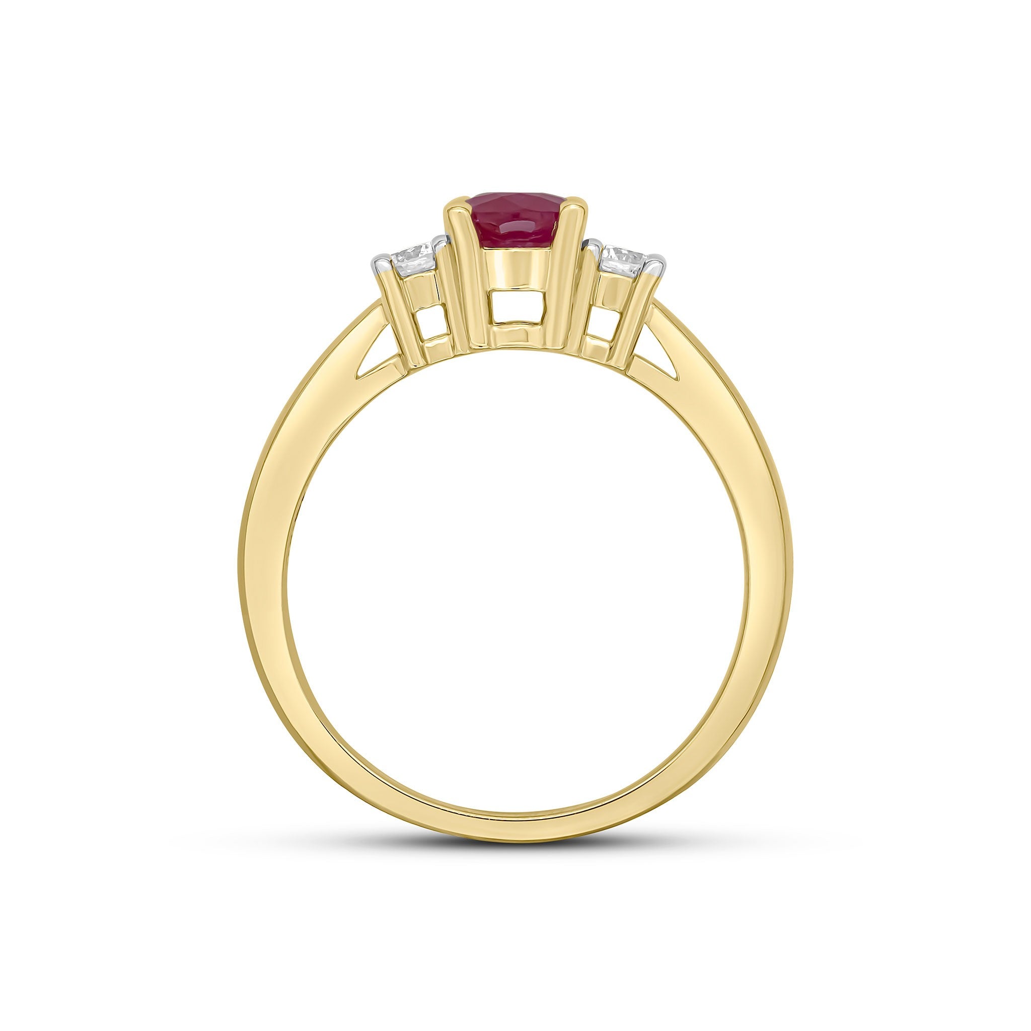 9CT YELLOW GOLD OVAL RUBY AND ROUND DIAMOND CLAW SET 3ST RING. RHODIUM TO DIAMONDS