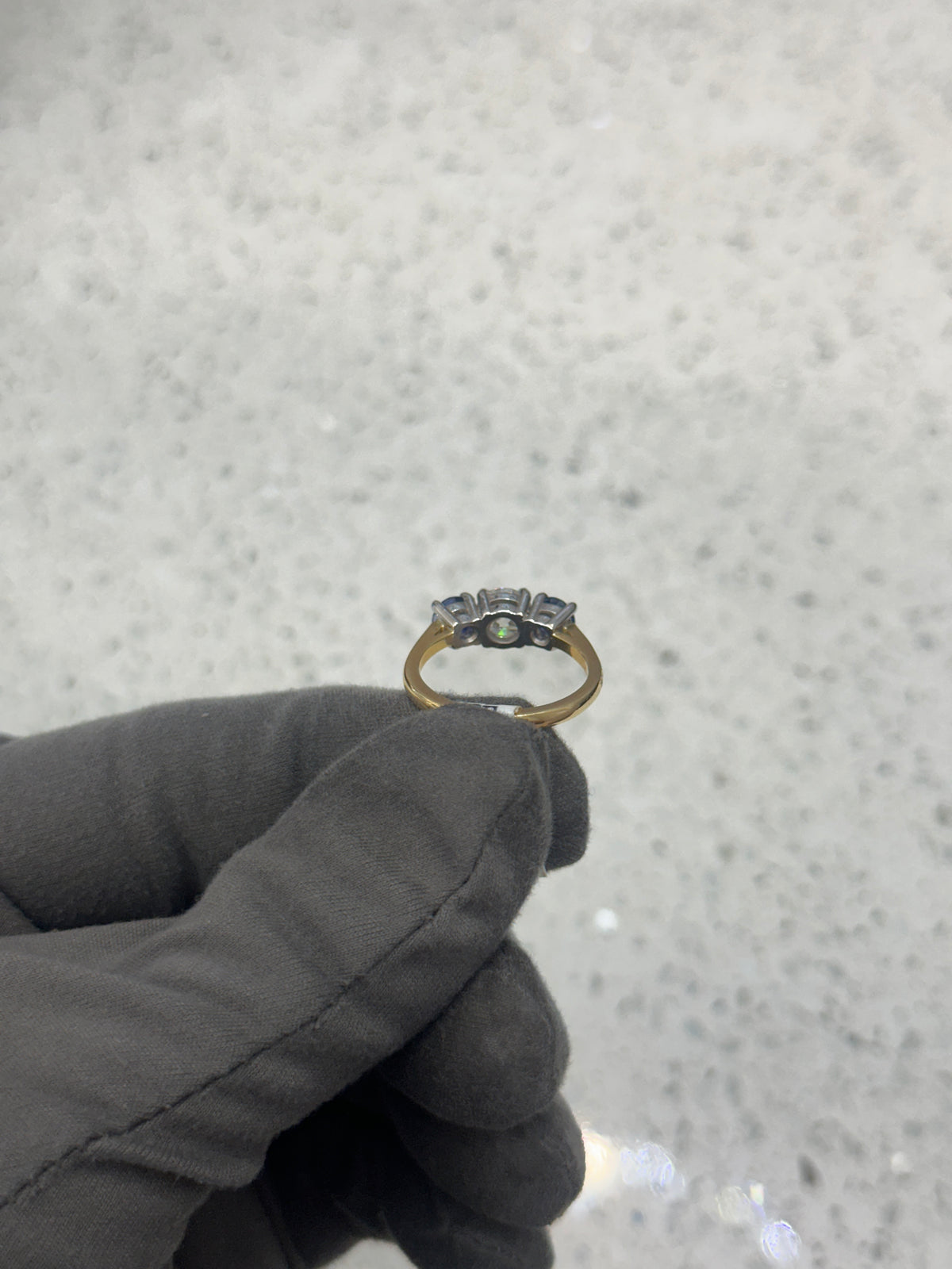 18ct Yellow Gold Platinum head Blue Sapphire & Diamond Trilogy/3 Stone Ring