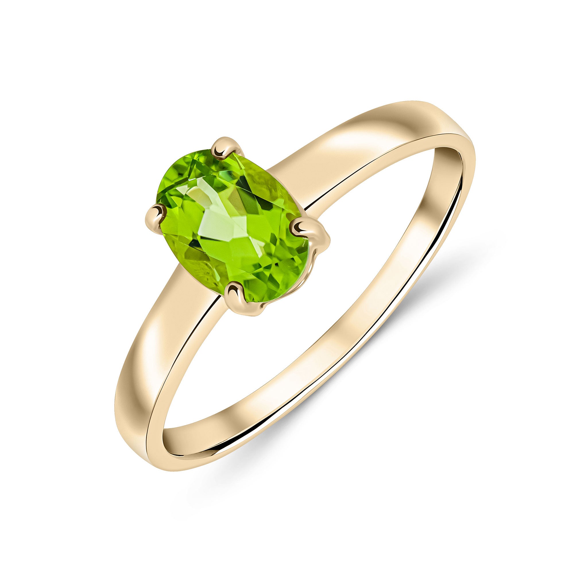 9CT YG 7X5MM OVAL PERIDOT 4 CLAW SINGLE STONE RING