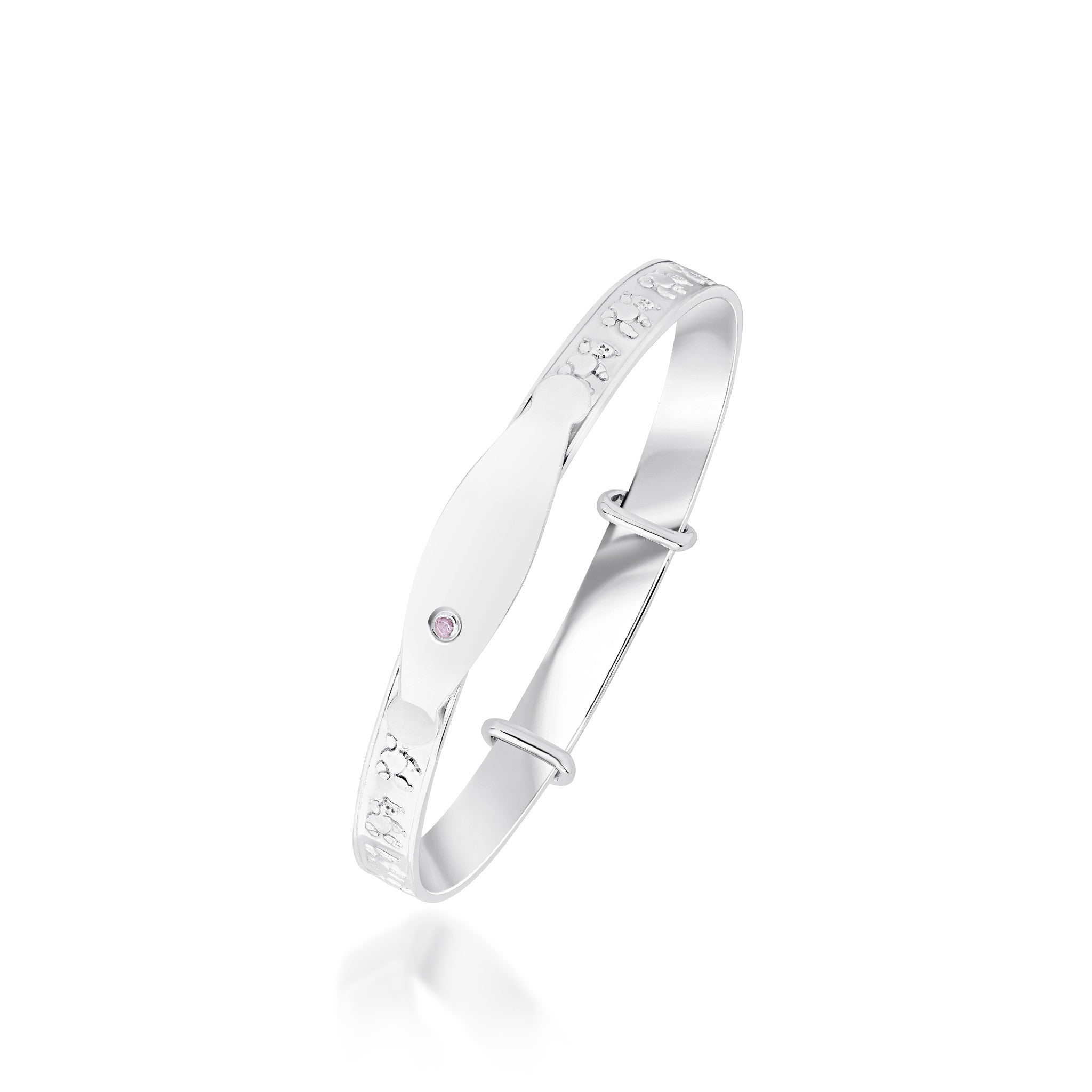 Silver Teddy Bear Pink CZ Baby Bangle