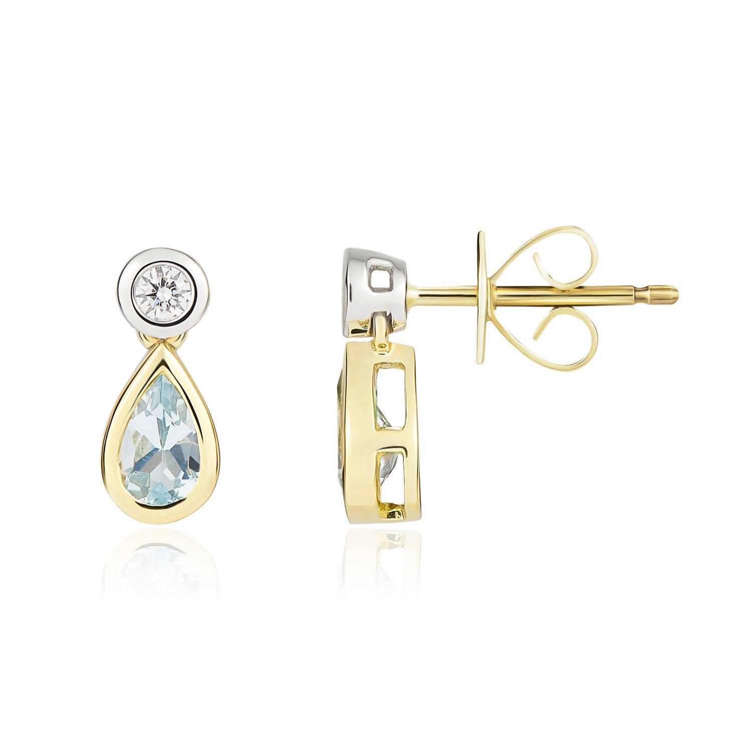 18CT YWG PEARSHAPE AQUA AND ROUND DIAMOND RUBOVER 2ST DROP EARRINGS