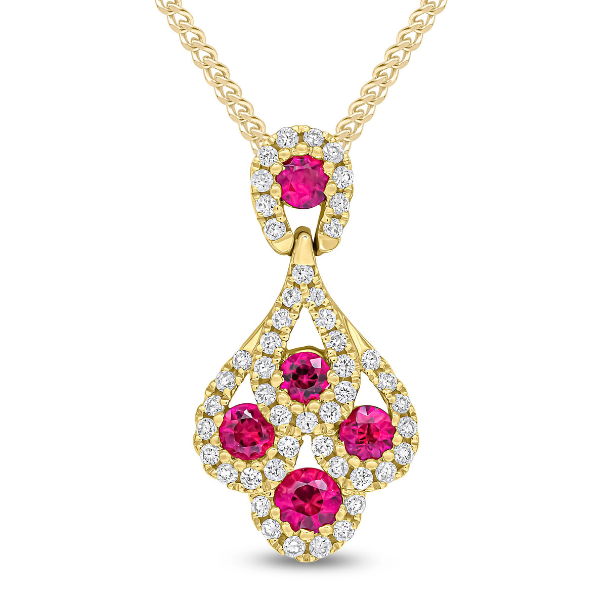 18CT YG ROUND RUBY AND DIAMOND 'PEACOCK' PENDANT