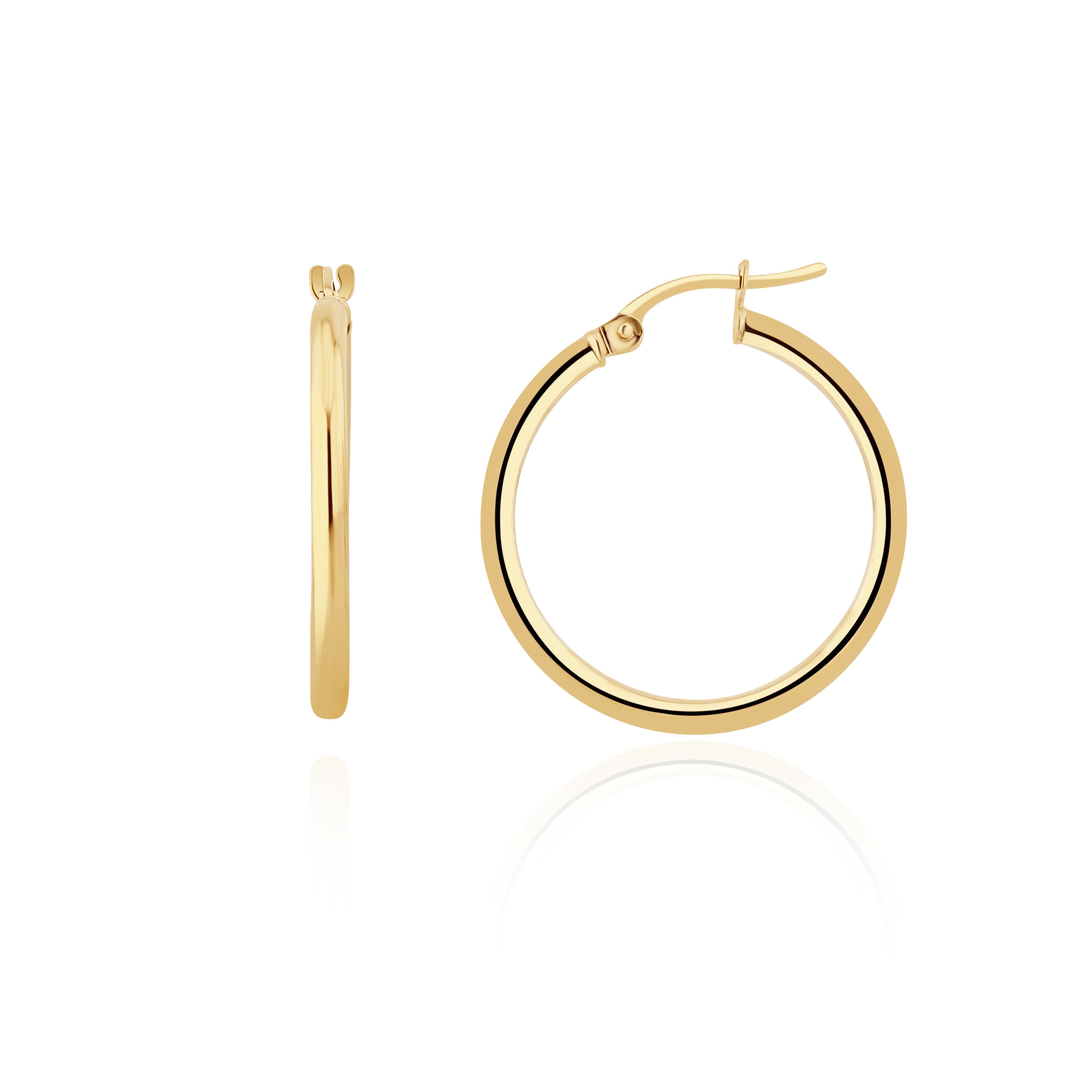 9CT YELLOW GOLD 2MM POLISHED TUBE HOOP EARRINGS. 24MM OUTER DIAMETER