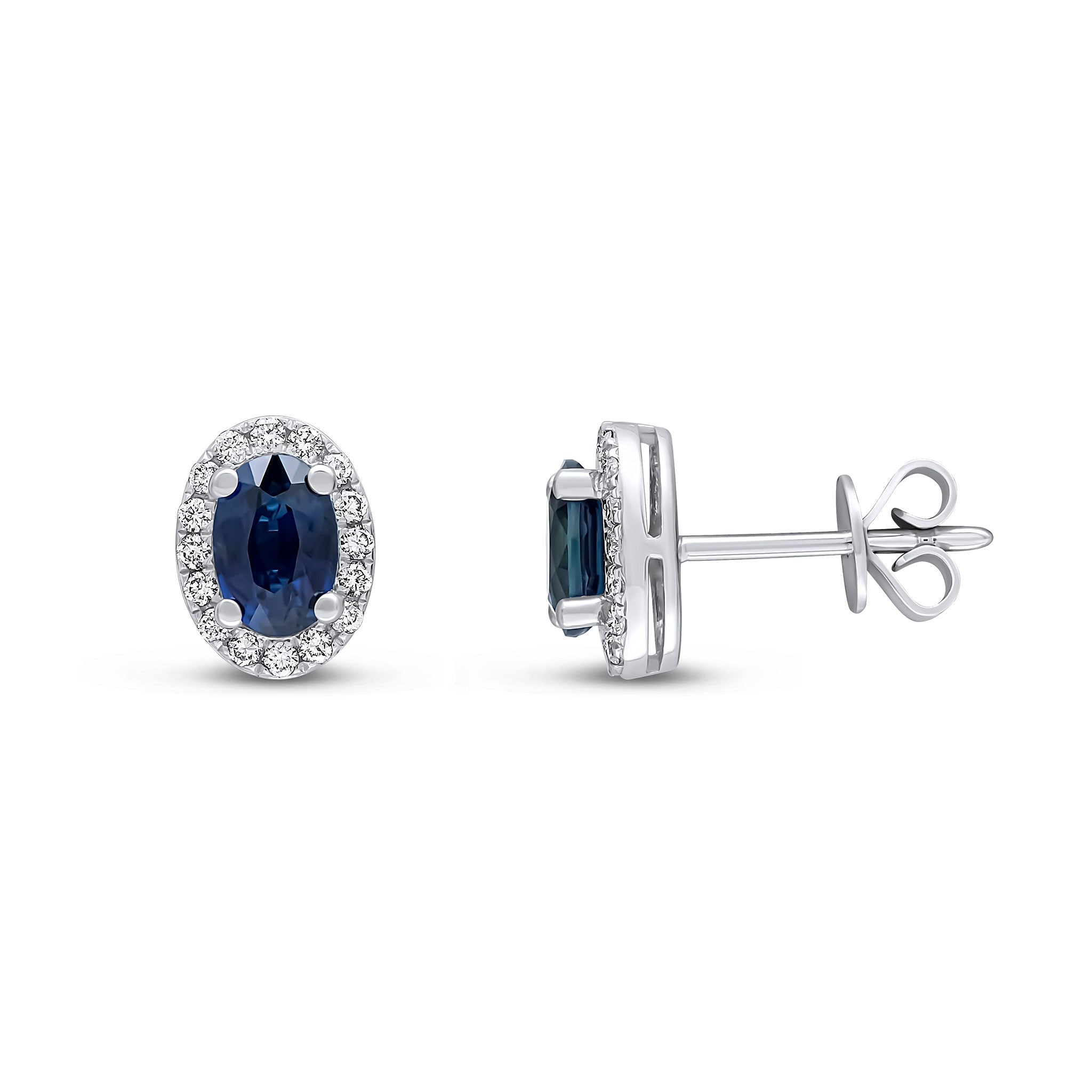 18CT WG 6X4MM OVAL SAPPHIRE & DIAMOND CLAW SET CLUSTER EARRINGS
