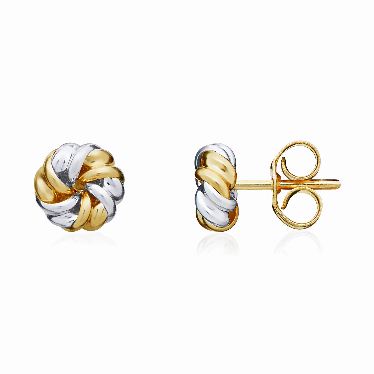 9CT YELLOW AND WHITE GOLD SMALL SWIRL KNOT STUD EARRINGS