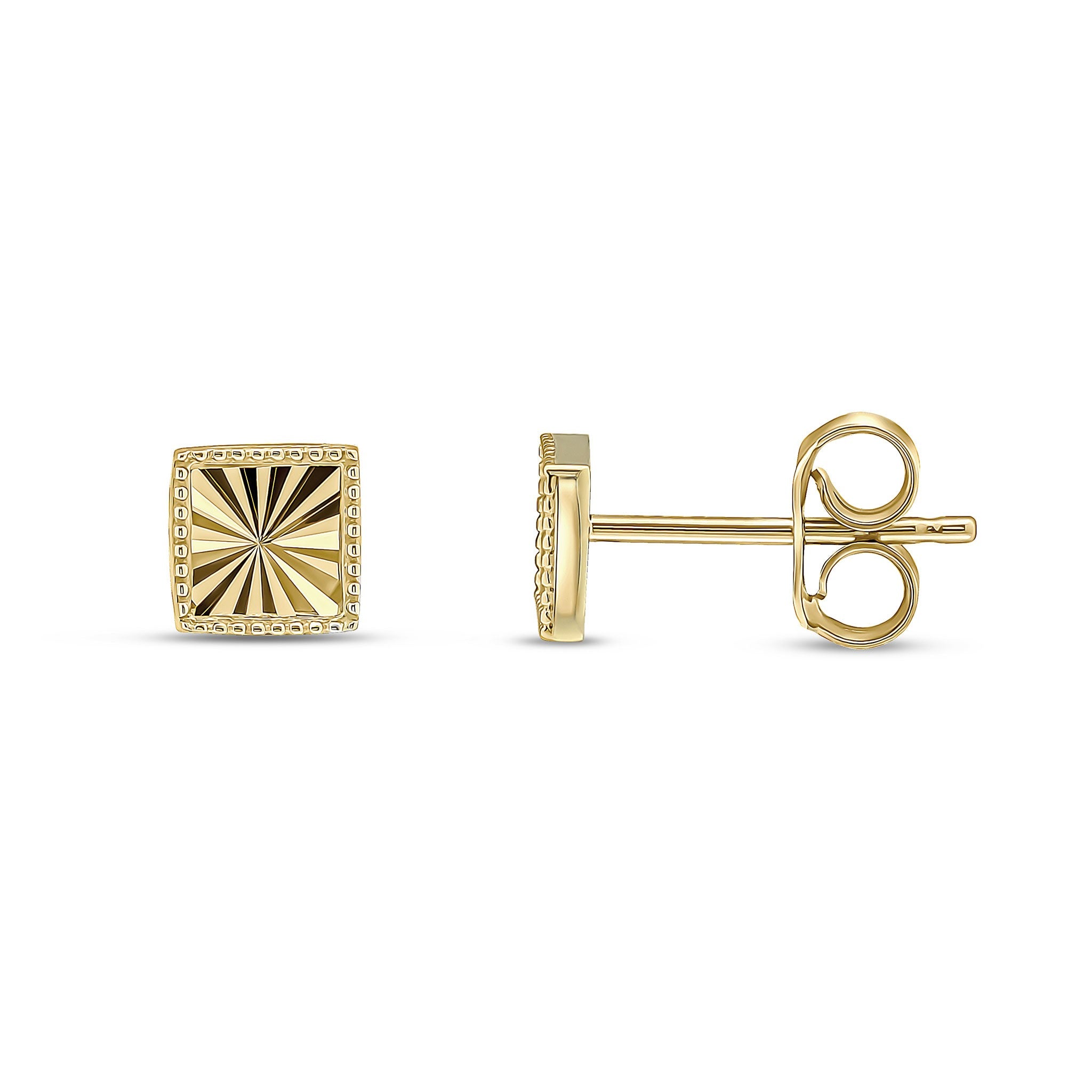 9CT YG DIAMOND CUT SQUARE STUD EARRINGS WITH BEADED EDGE. SMALL