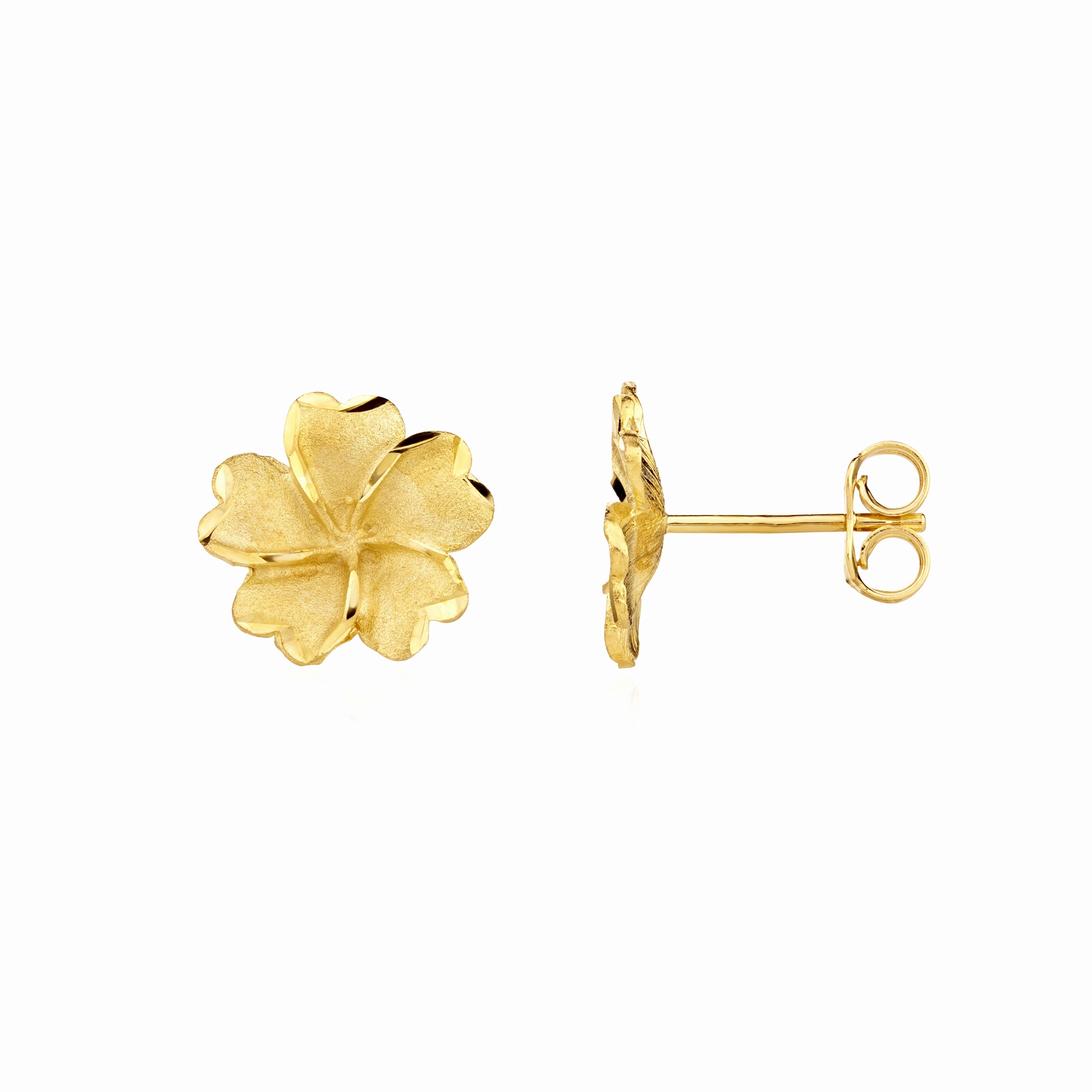 9CT YELLOW GOLD SATIN & POLISHED EDGE 12MM FLOWER STUD EARRINGS