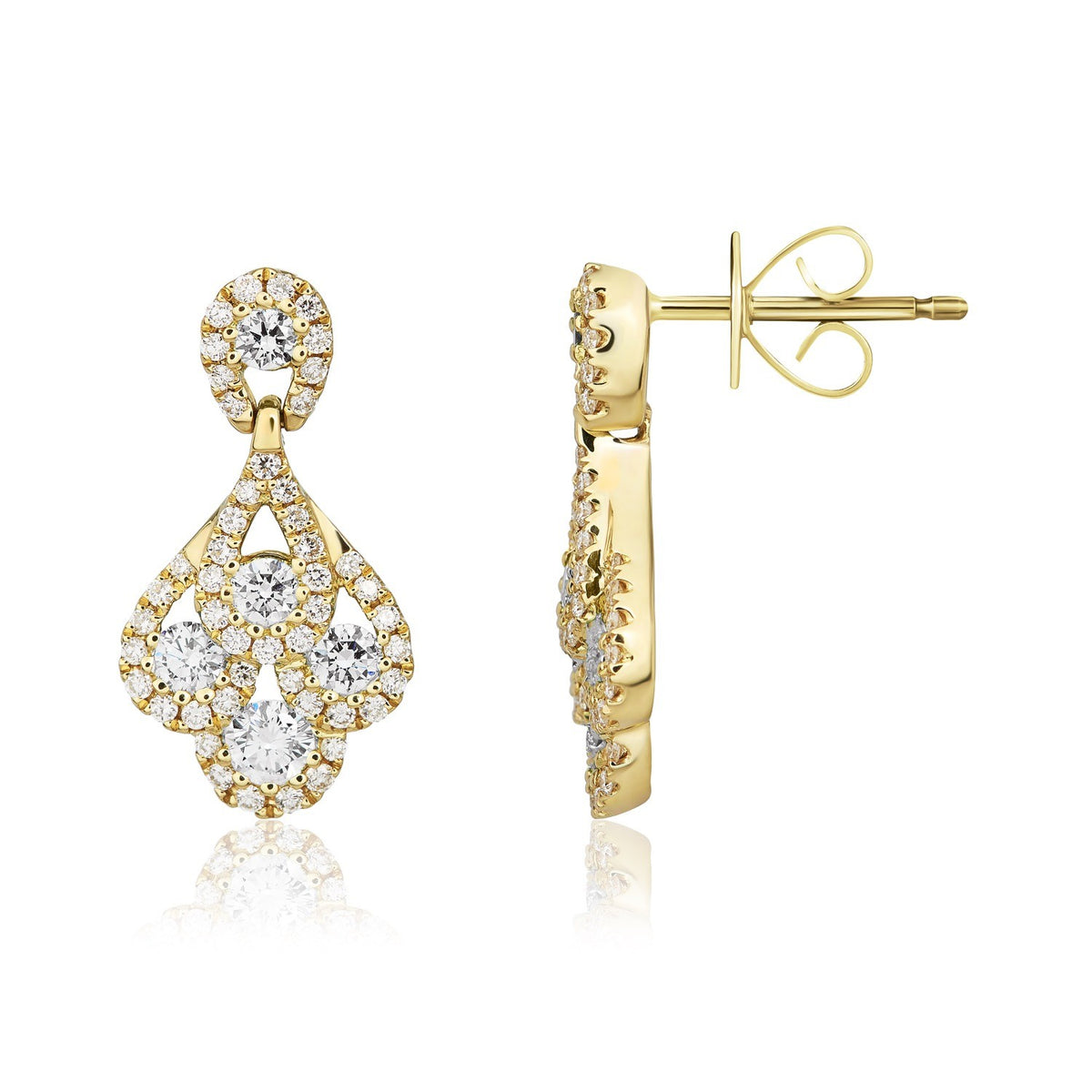 18CT YELLOW GOLD ROUND DIAMOND 'PEACOCK' DROP EARRINGS