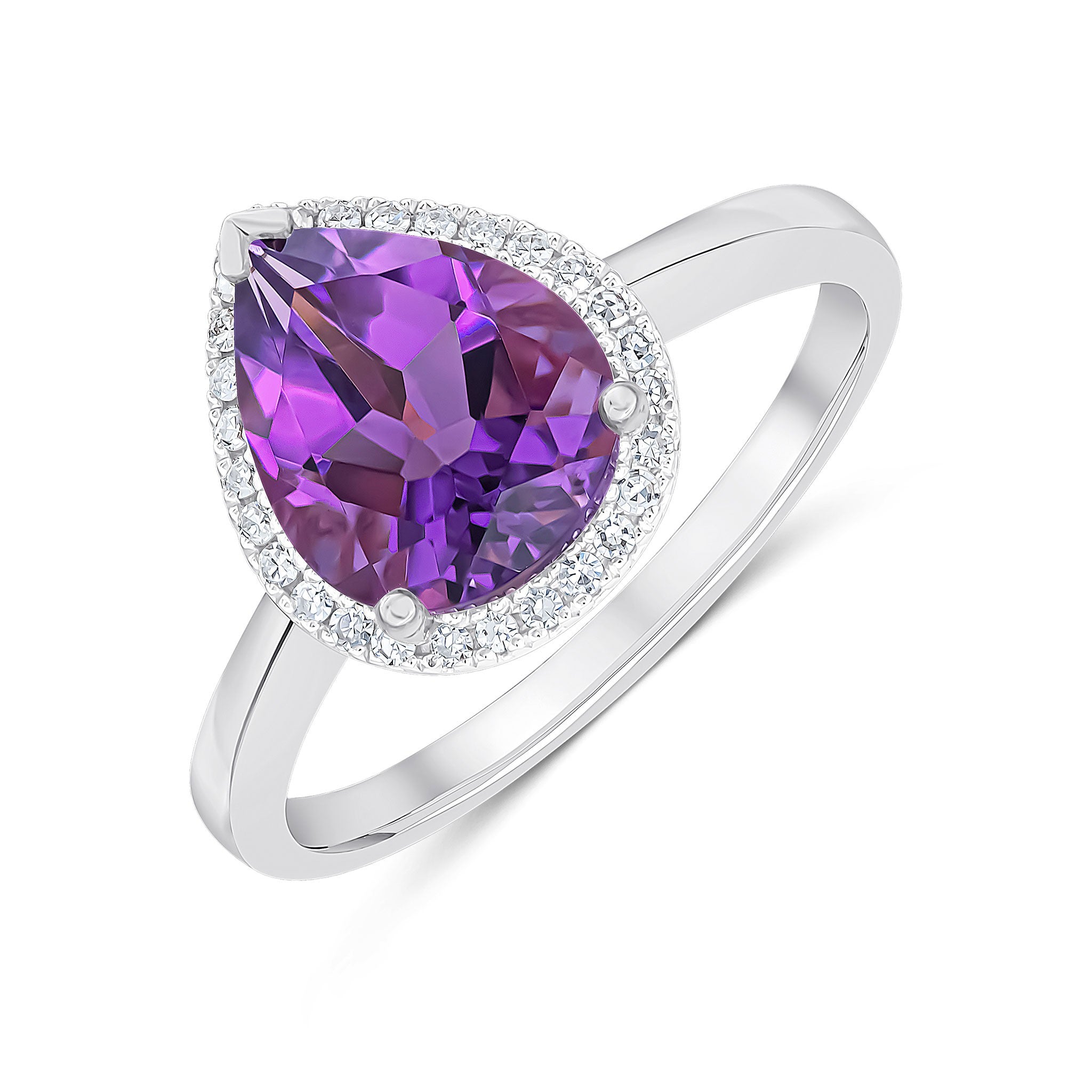9CT WHITE GOLD 10X8 PEARSHAPE AMETHYST & DIAMOND CLUSTER RING