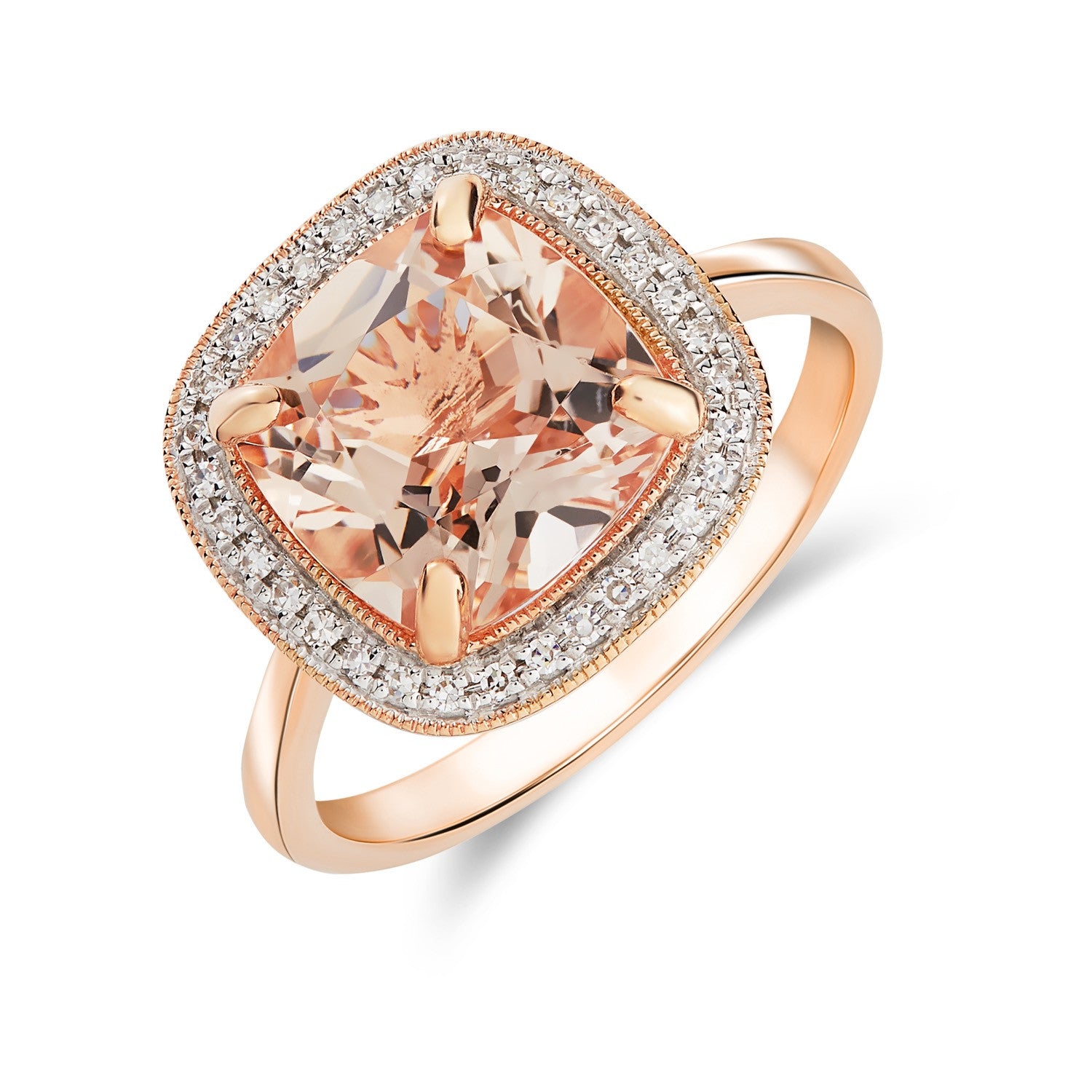 9CT RG 9MM CUSHION MORGANITE AND DIAMOND CLUSTER RING WITH MILLEGRAIN EDGE. RHODIUM TO DIAMONDS