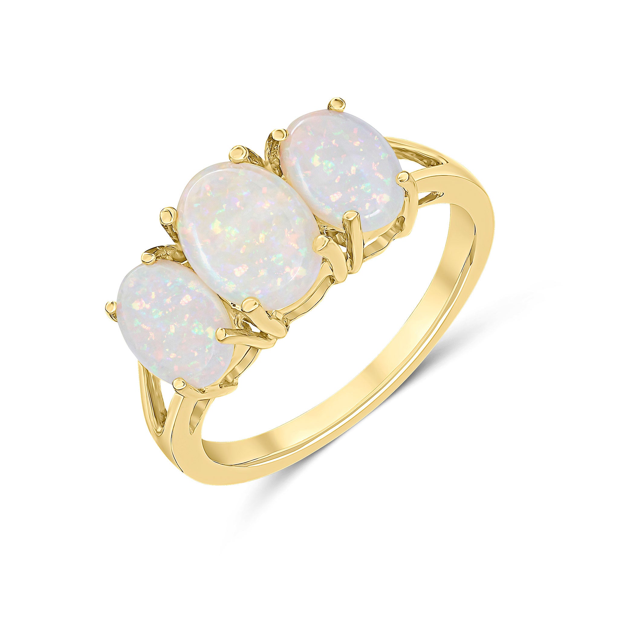 9CT YG OVAL OPAL CLAW SET 3ST RING WITH SPLIT SHOULDERS