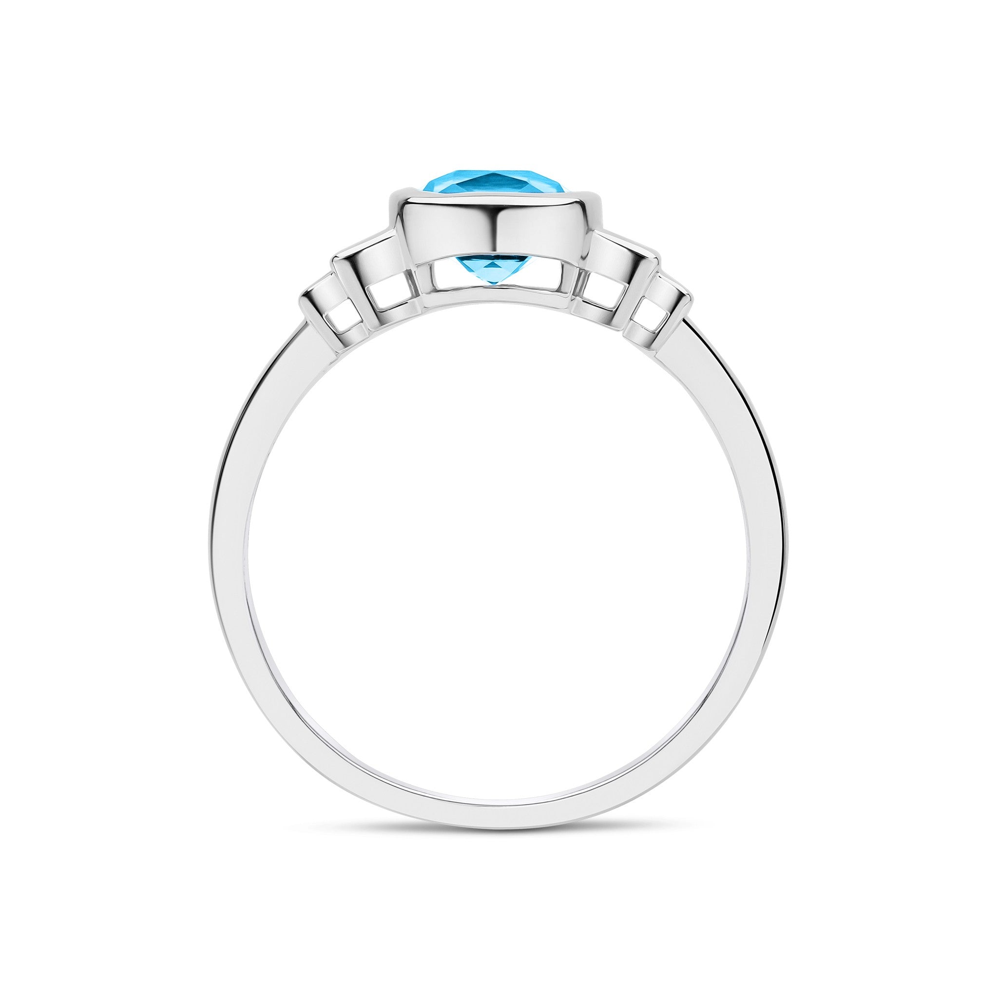 9CT WG 6MM CUSHION SWISS BLUE TOPAZ & BAGUETTE DIAMOND 2ST STEPPED SHOULDERS RING