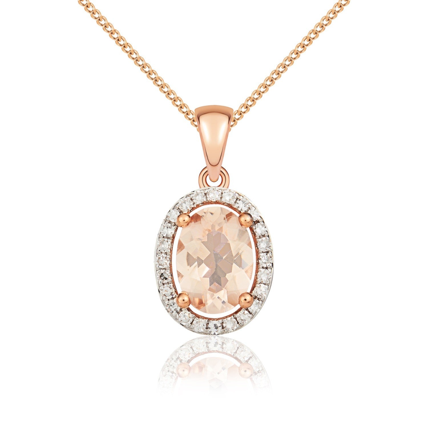 9CT RG 7X5MM OVAL MORGANITE AND DIAMOND HALO CLUSTER PENDANT. RHODIUM TO DIAMONDS